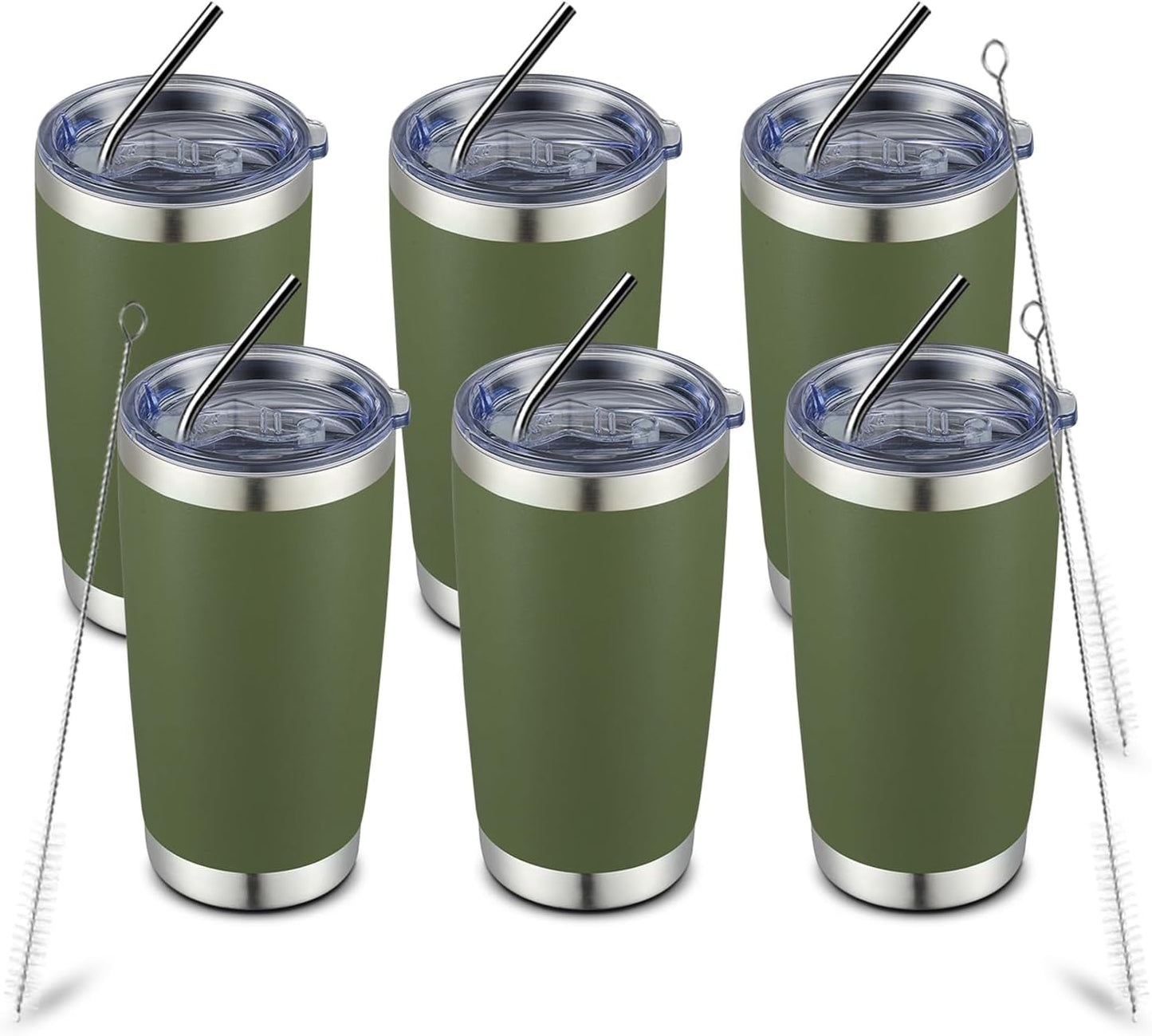 COMOOO 20oz Double Wall Vacuum Insulated Travel Mug, Stainless Steel Tumbler with Lid and Straw Durable Powder Coated Insulated Coffee Cup for Cold & Hot Drinks（Army Green, 6 Pack）