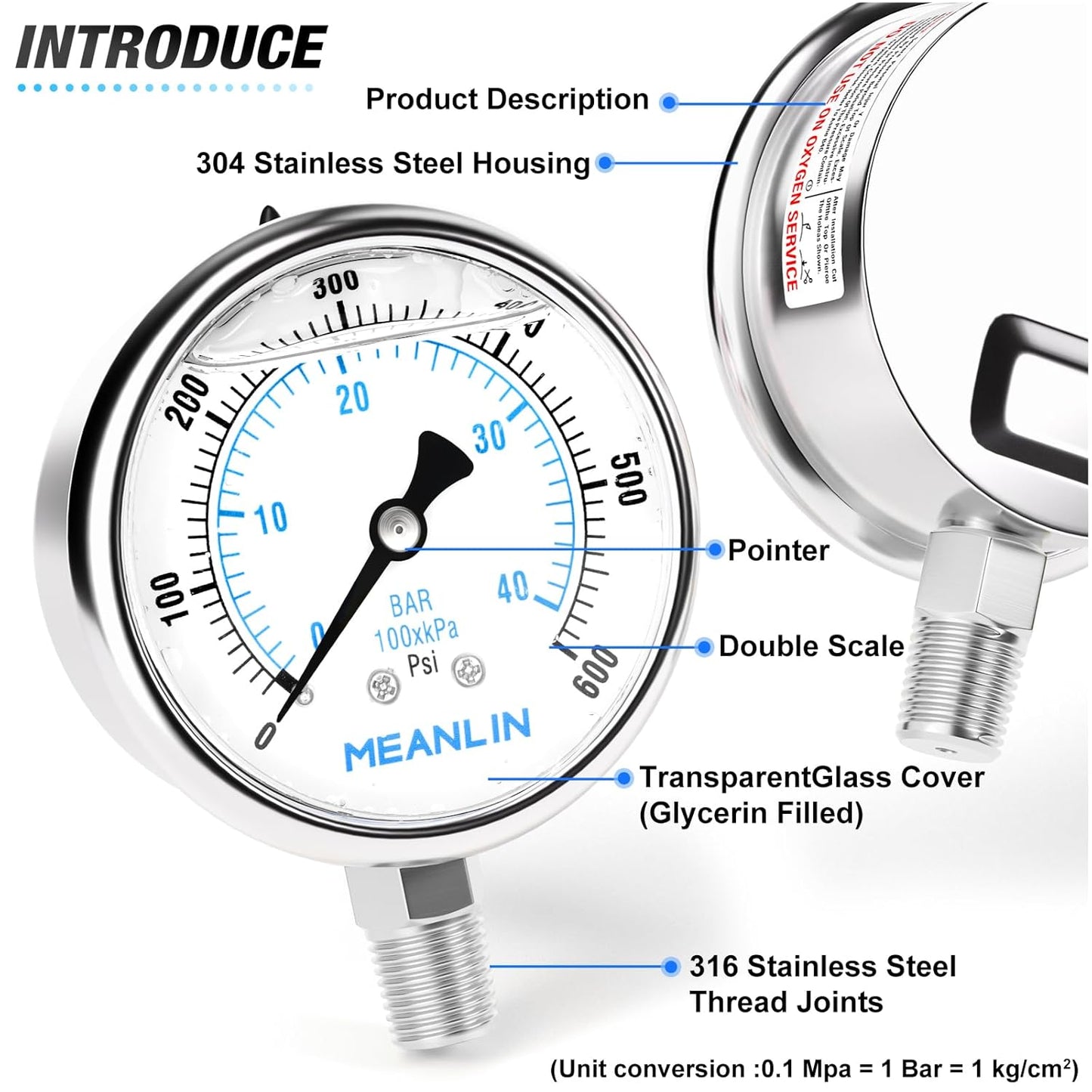 MEANLIN MEASURE 0~600Psi Liquid Filled Pressure Gauge Stainless Steel with 316 Stainless Steel Joint 1/4" NPT 2.5" FACE DIAL for WOG Water Oil Air Lower Mount