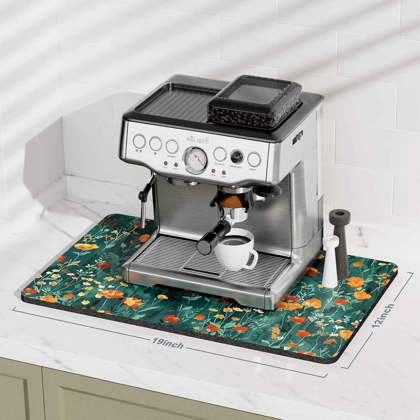 Rnivvi Coffee Mat, 12" x 19" Cute Coffee Bar Mats for Espresso Machine Station Accessories and Organizer, Hide Stain Rubber Backed Absorbent Dish Drying Pad for Kitchen Counter, Gentle Forest Flowers