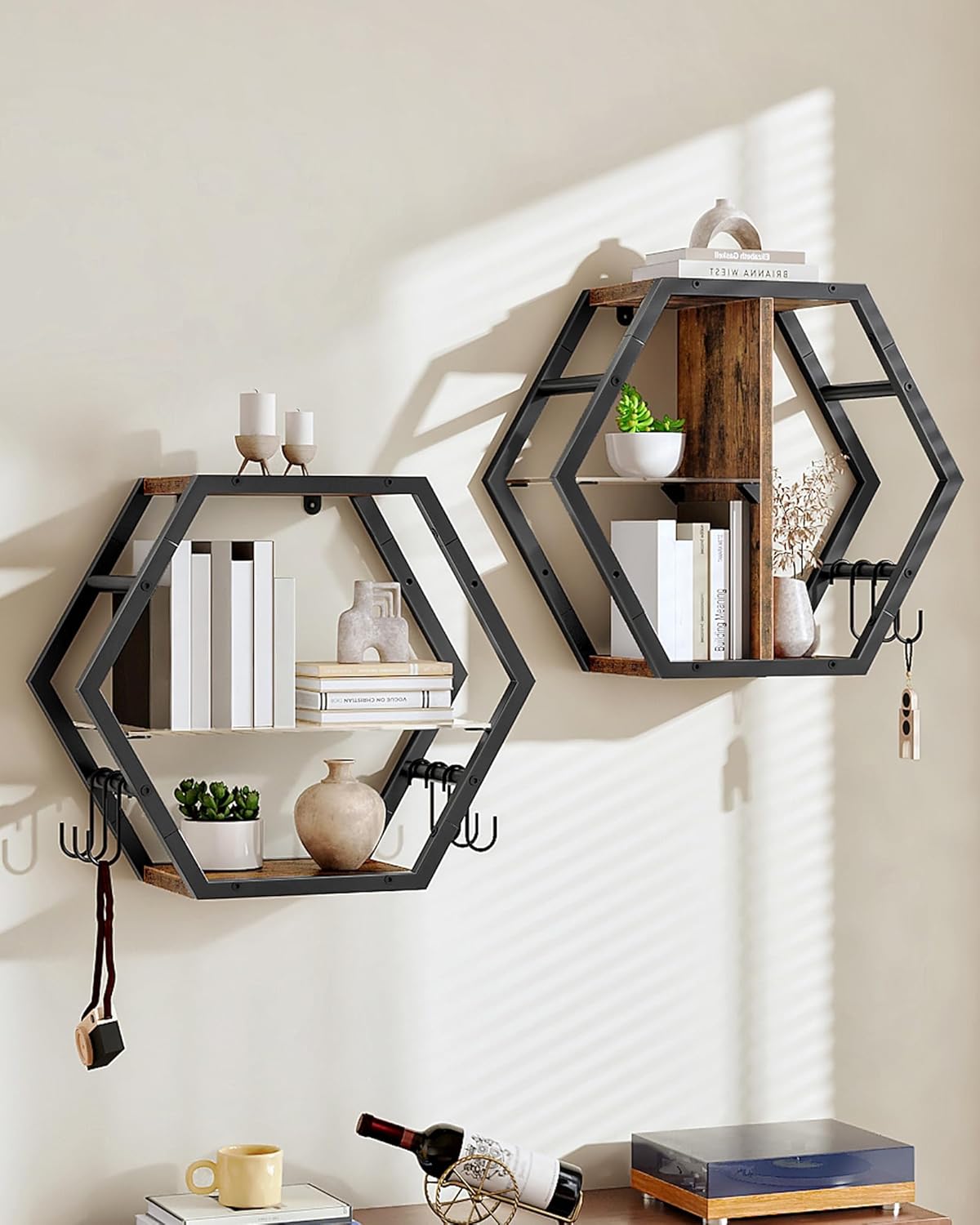 Hexagon Floating Shelves Set of 2, Glass Hanging Shelves for Wall Decor, Industrial Style Wall Storage Rack and 12 S-Hooks, for Living Room, Bedroom, Office, Game Center, Rustic Brown TBJ08BF