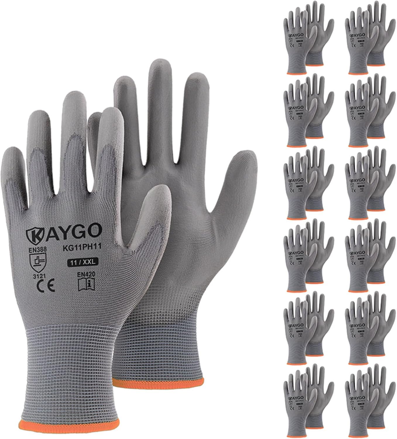 KAYGO Safety Work Gloves PU Coated-12 Pairs, KG11PB, Seamless Knit Glove with Polyurethane Coated Smooth Grip on Palm & Fingers, for Men and Women (2X-Large, Grey)