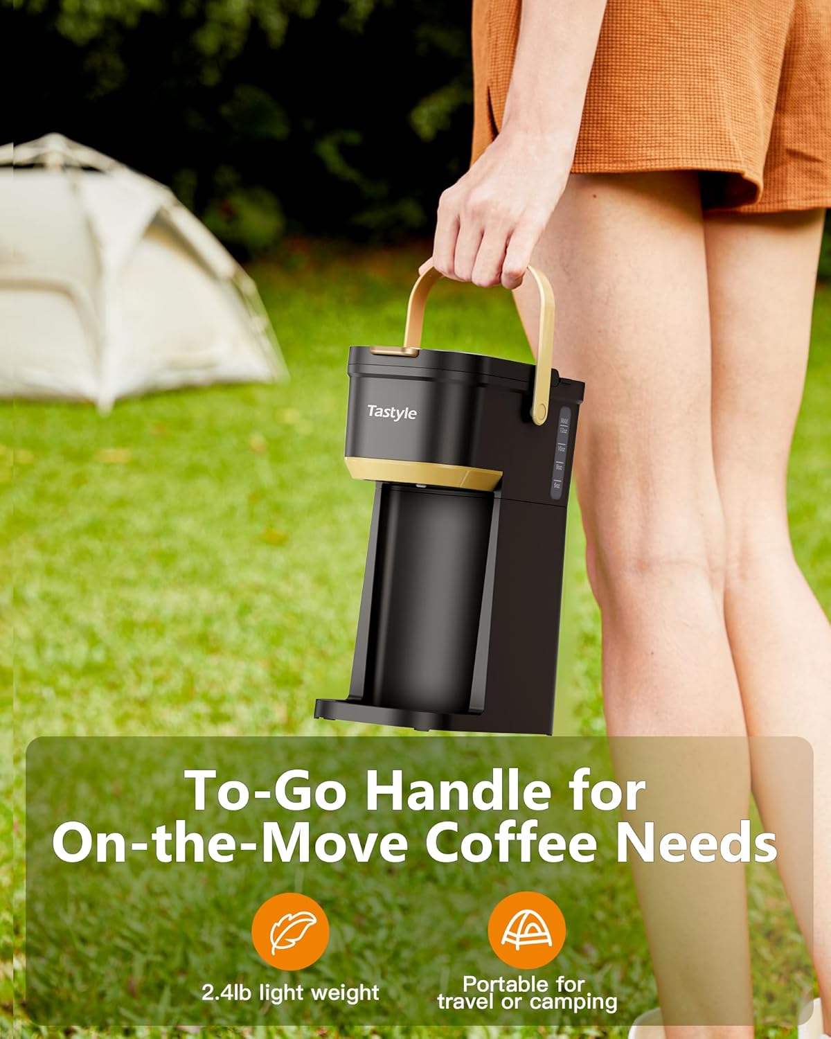 Single Serve One Cup Coffee Maker, for K Cups and Grounds, Mini Coffee Maker with Portable Handle, 6 to 12 Oz Brew Size, for Travel, Camping, Office, RV and Dorm, 120V, Black and Gold