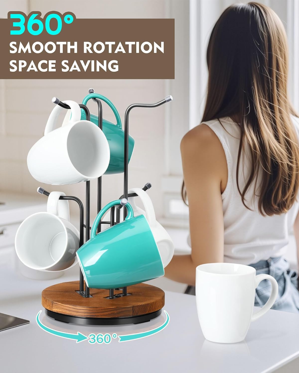 HULISEN 360° Rotating Mug Tree for Large Cups, Counter Coffee Mug Holder with 6 Hooks, Metal Coffee Cup Rack Stand for Countertop with Stable Wooden Base, Kitchen Counter Decor