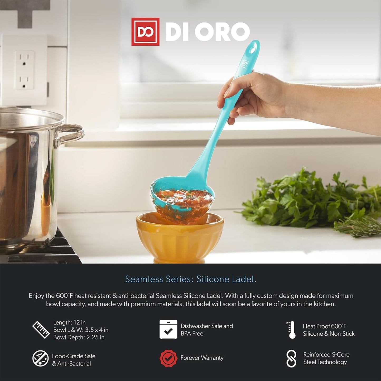 DI ORO Silicone Ladle - Heat-Resistant Large Kitchen Soup Spoon for Cooking & Serving - Nonstick Cookware Safe With Wide Bowl - Dishwasher Safe Utensil (Teal)