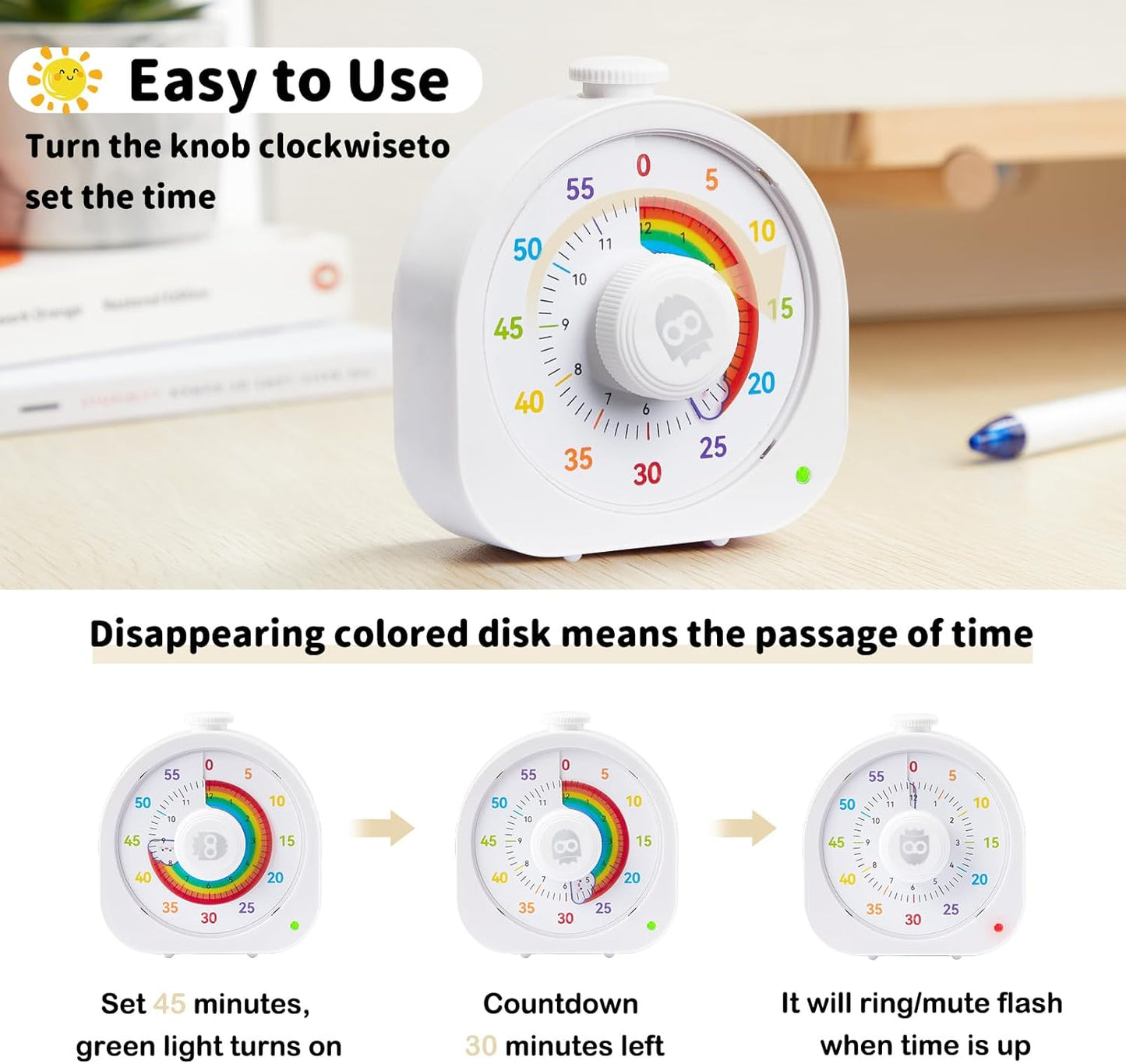 Visual Timer for Kids – 60min/12h Rainbow Magnetic Timer for Classroom, Rechargeable Silent Countdown Timer with Pomodoro Mode, ADHD Time Management Tool