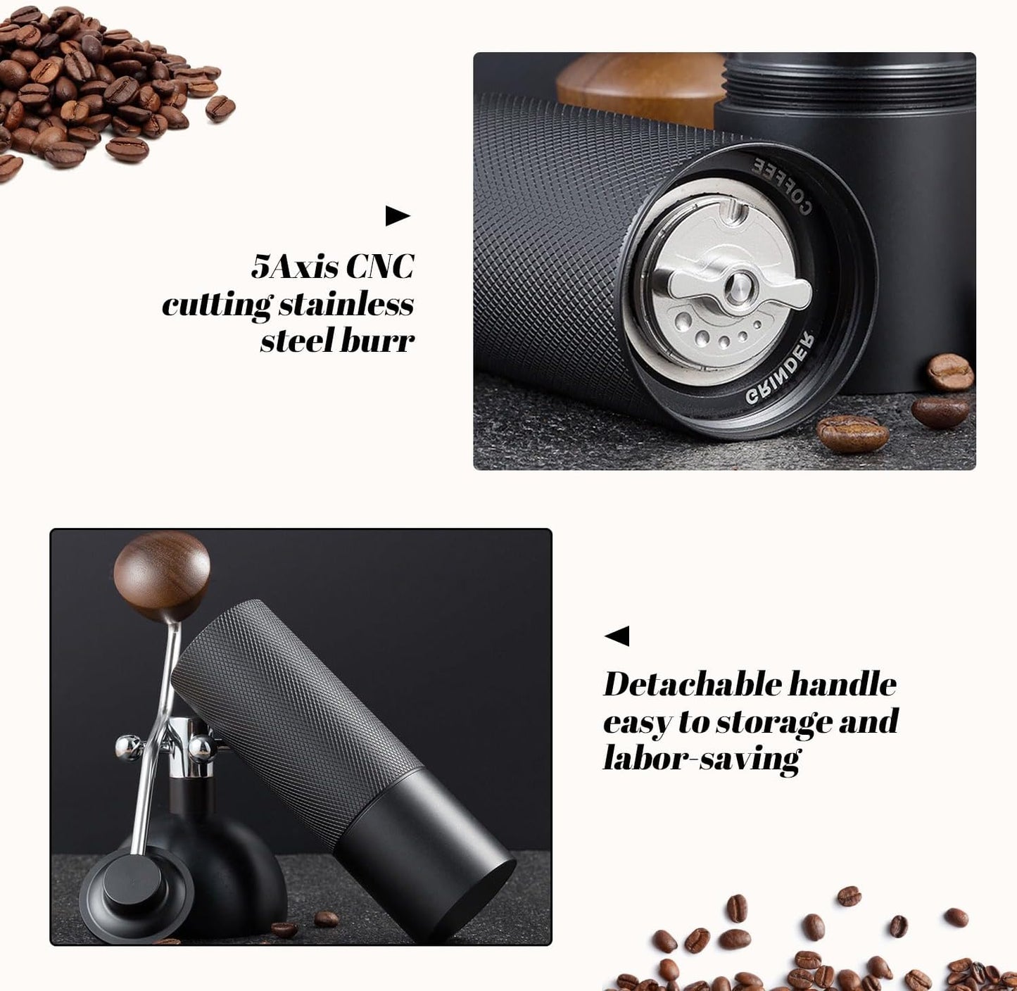 Generic Manual coffee grinder Capacity 25 grams, stainless steel tapered burrs - wooden handle - adjustable internal settings, dual bearing positioning, MCG2401, Black