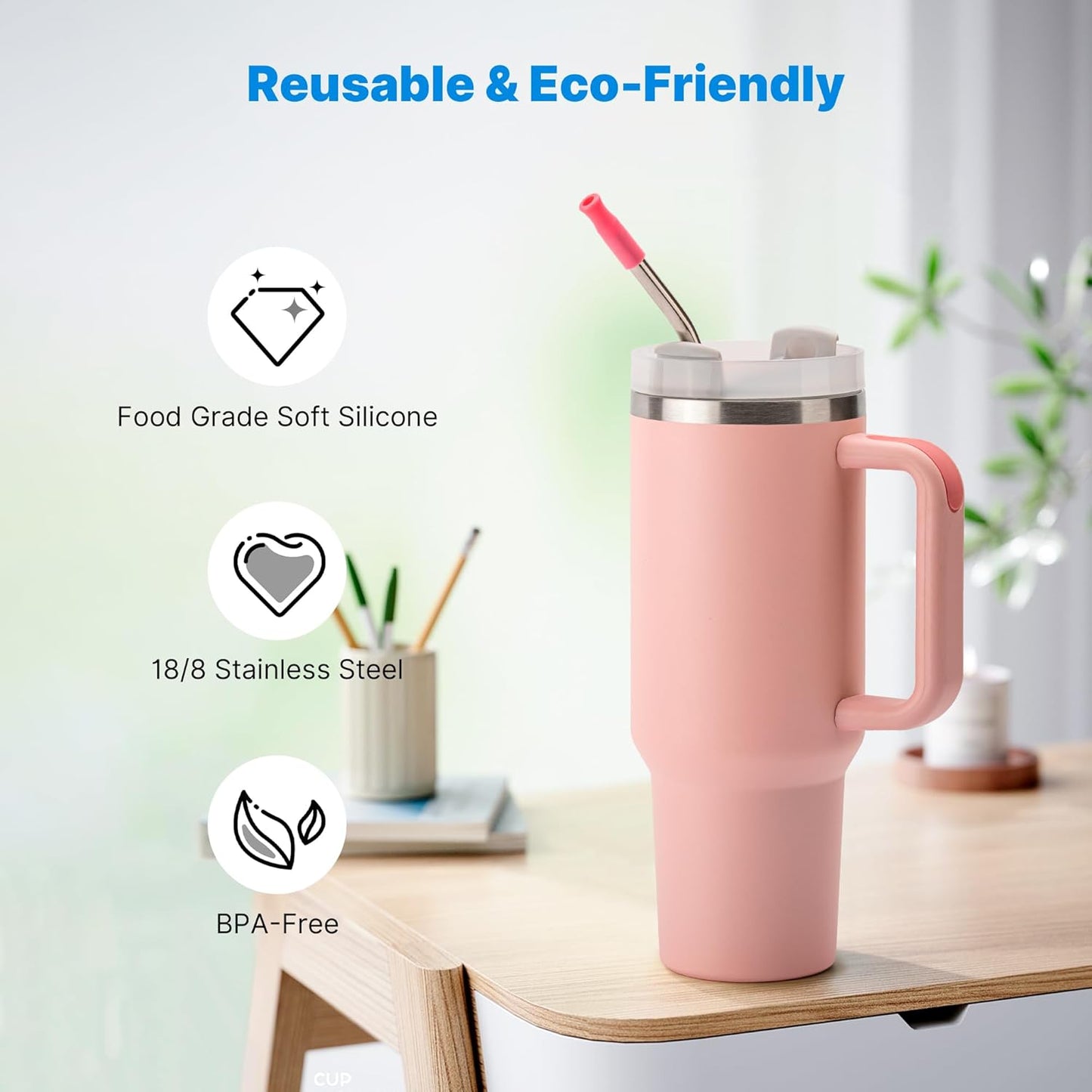 2 Pcs Stainless Steel Straw with Silicone Tips for 30 oz Stanley Tumbler, Repeatable 30 oz Metal Straws for Stanley Adventure Quencher Travel Tumbler Cup, BPA Free（Pink Dusk）