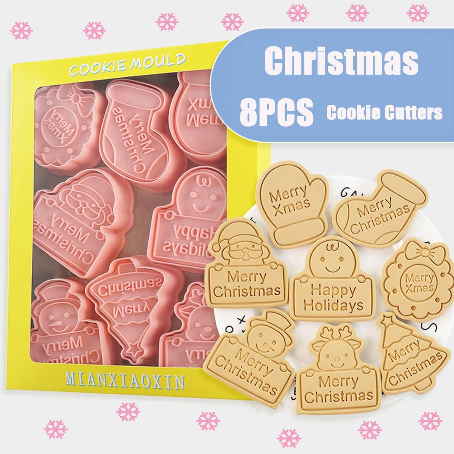 8pcs Christmas Cookie Cutter Set Merry Christmas Cookie Cutters with Plunger Stamps Biscuit Mold 3D Snowman Cookie Molds Cake Baking Fondant Cutter Christmas Party DIY Cookie Decorating Supplies (L8)