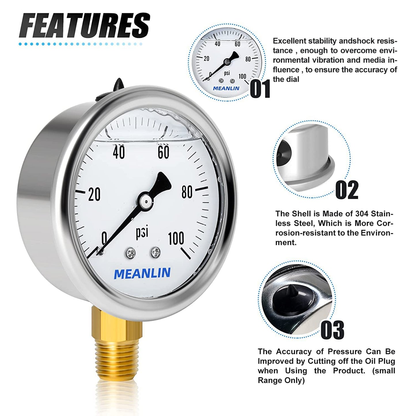 MEANLIN MEASURE 2pcs 0~100Psi Stainless Steel 1/4" NPT 2.5" Single Scale FACE DIAL,Glycerin Filled Pressure Gauge, Lower Mount with 1/4" x 1/2" NPT and 1/4" x 3/8" NPT Hex Bushing