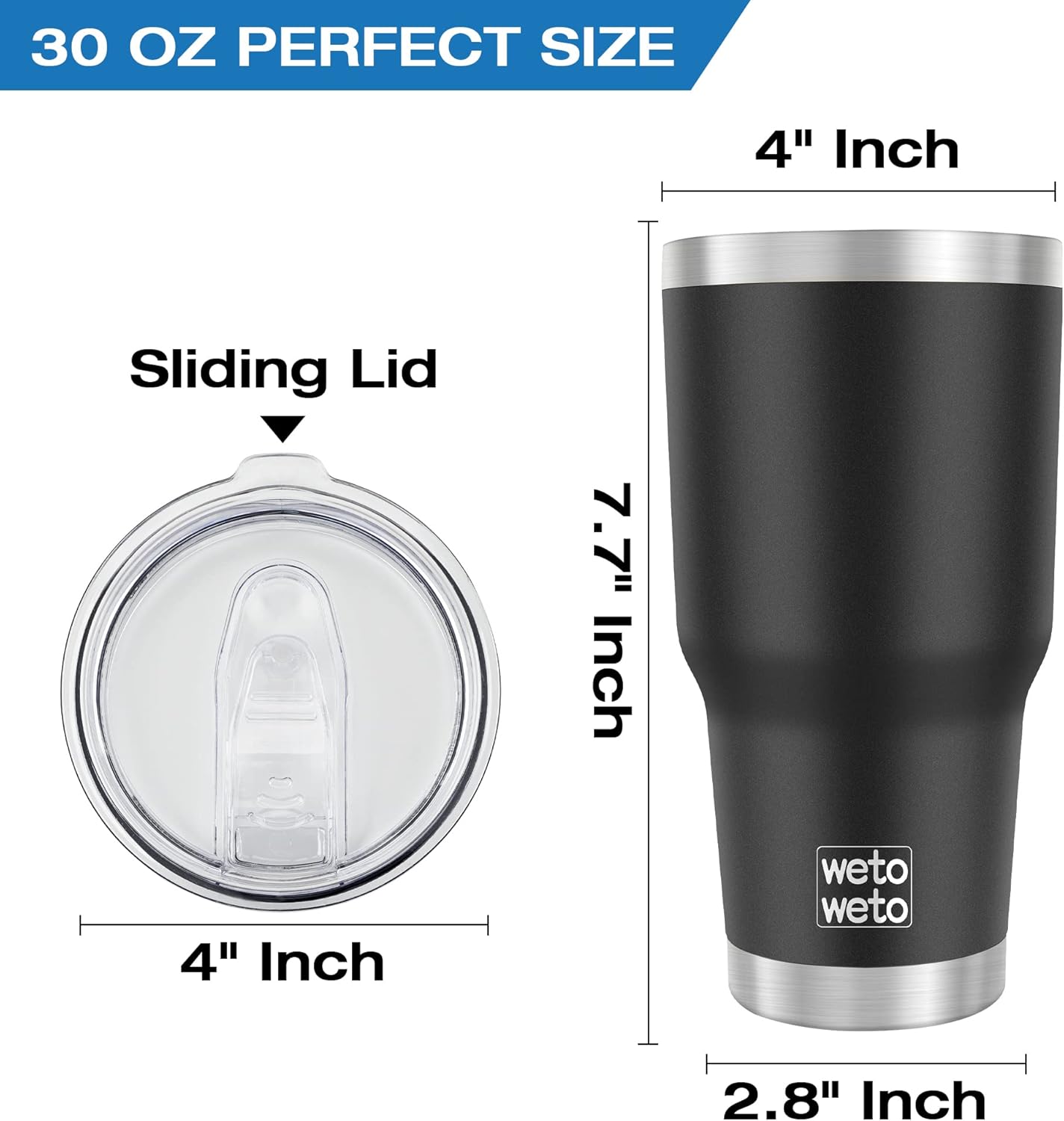 WETOWETO 30oz Tumbler, Stainless Steel Vacuum Insulated Water Coffee Tumbler Cup, Double Wall Powder Coated Spill-Proof Travel Mug Thermal Cup for Home Outdoor (Black, 1 Pack)