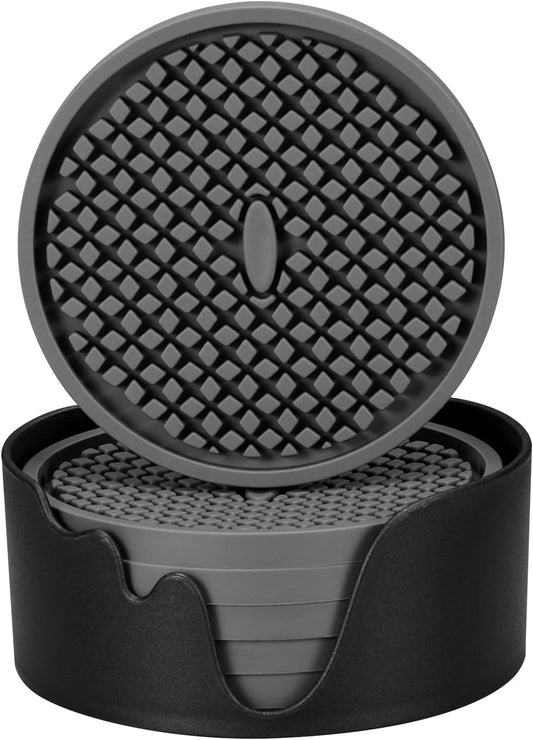 ME.FAN Silicone Coasters [6 Pack] Thickened Drink Coasters with Holder - Cup Mat - Non-Slip, Non-stick, Stay Put, Deep Tray - Prevents Furniture and Tabletop Damages(Gray)