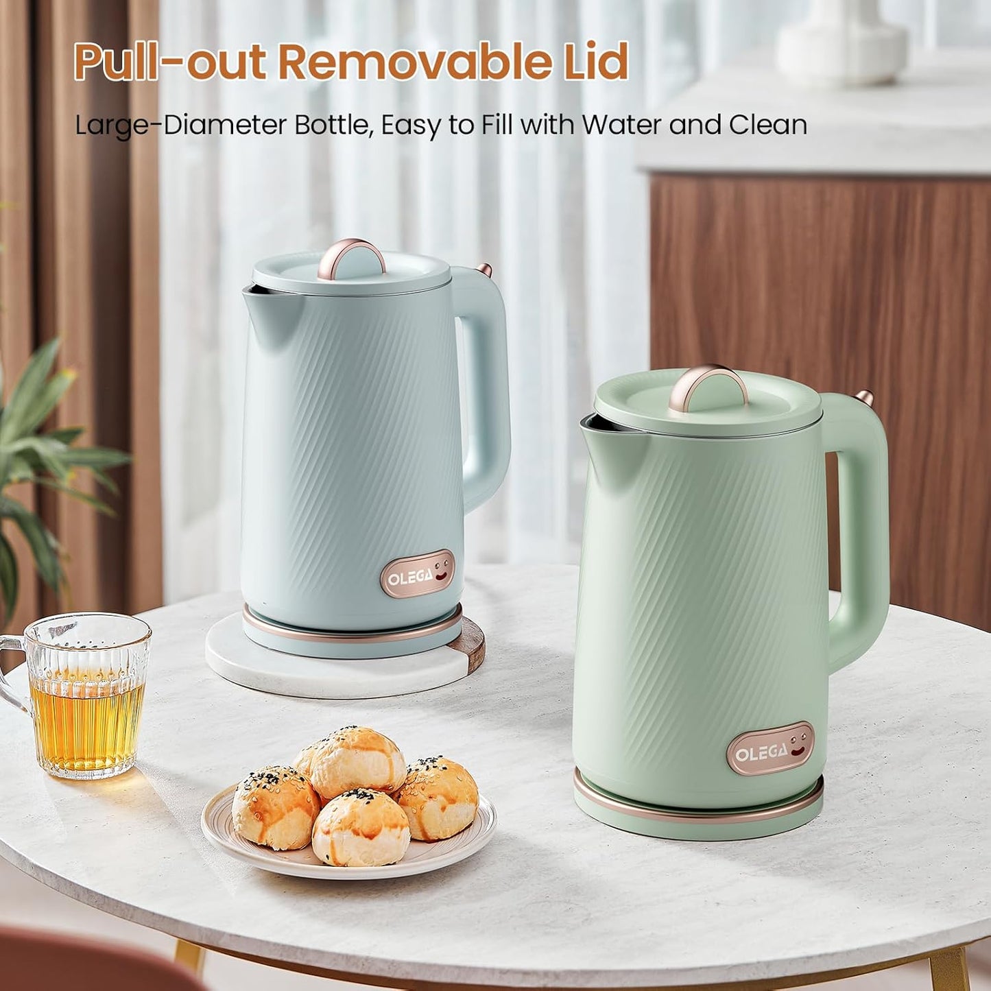 OLEGA Electric Kettle - 1500W Electric Tea Kettle 1.8L Stainless Steel Inner Electric Kettles for Boiling Water Auto Shut Off Boil-Dry Protection Electric Water Kettle for Coffee Tea Green