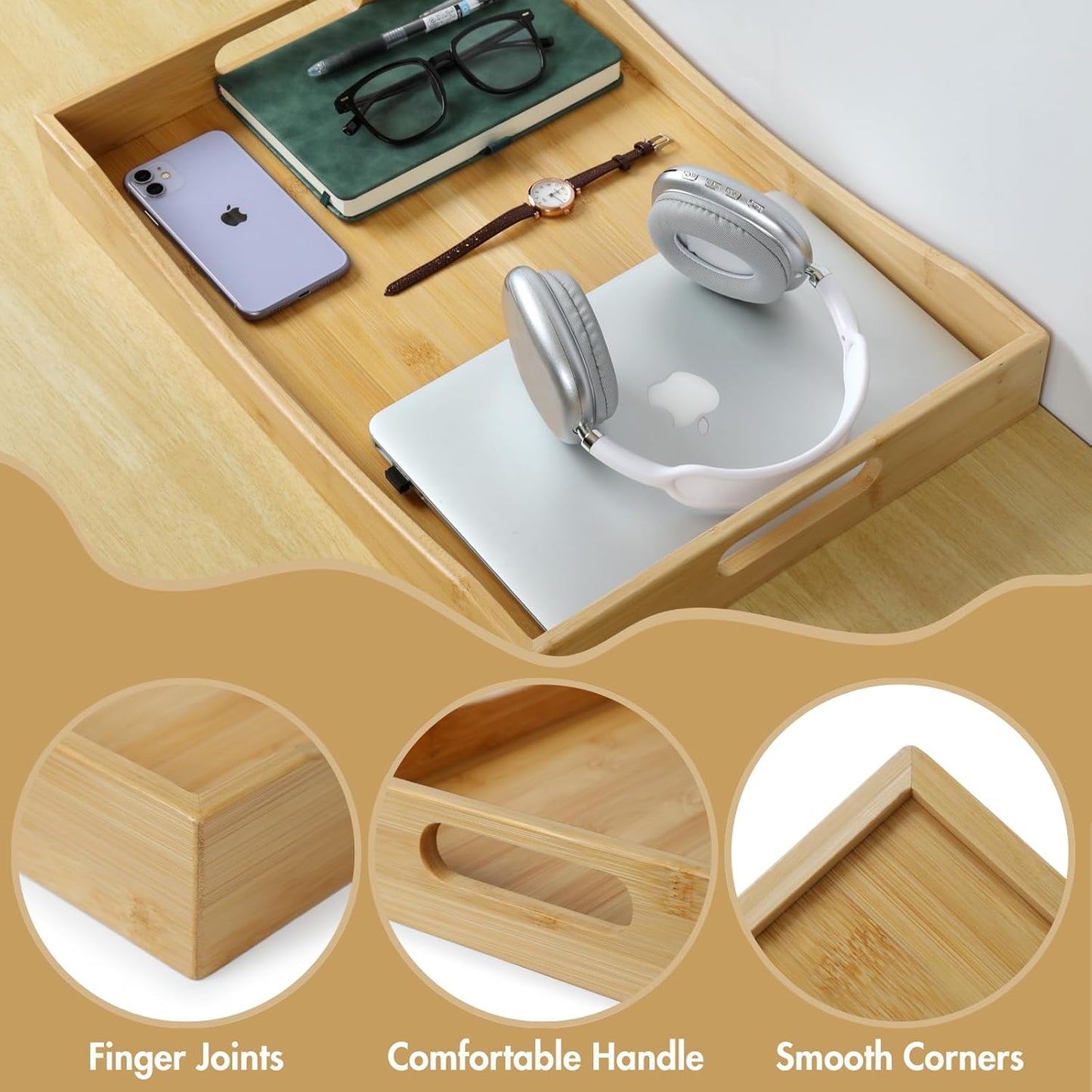 Gobam Bamboo Serving Tray with Handles, 19.7 x 13.8 inch Rectangular Decorative Tray for Entryway, Kitchen, Dining & Living Room, Large Wooden Breakfast Trays for Bed, Coffee Table & Ottoman