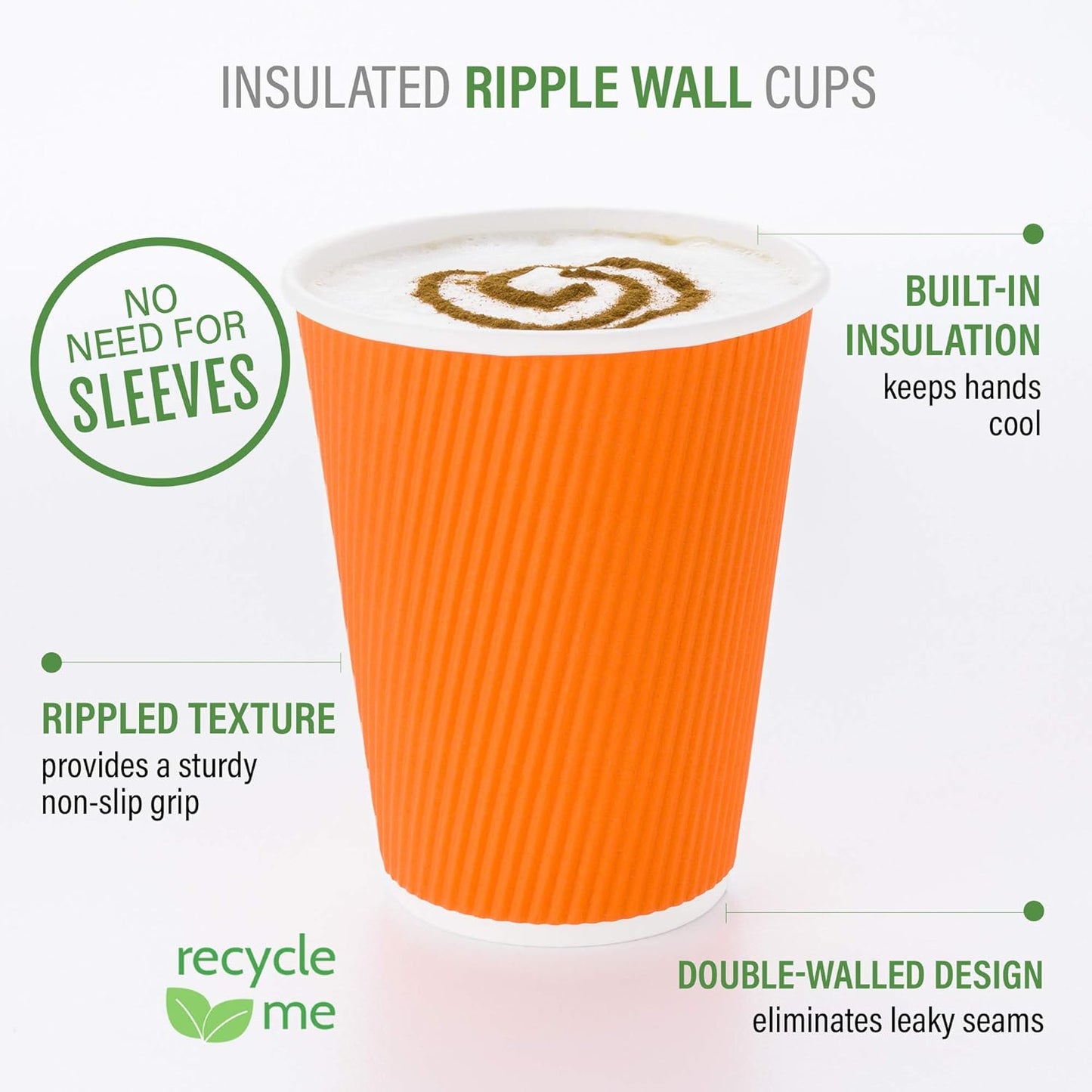 Restaurantware 8 Ounce Double Wall Disposable Coffee Cups, 500 Insulated Orange Paper Cups With Ripple Wall Design, Lids Sold Separately for Hot Beverages like Tea, Hot Chocolate, and More