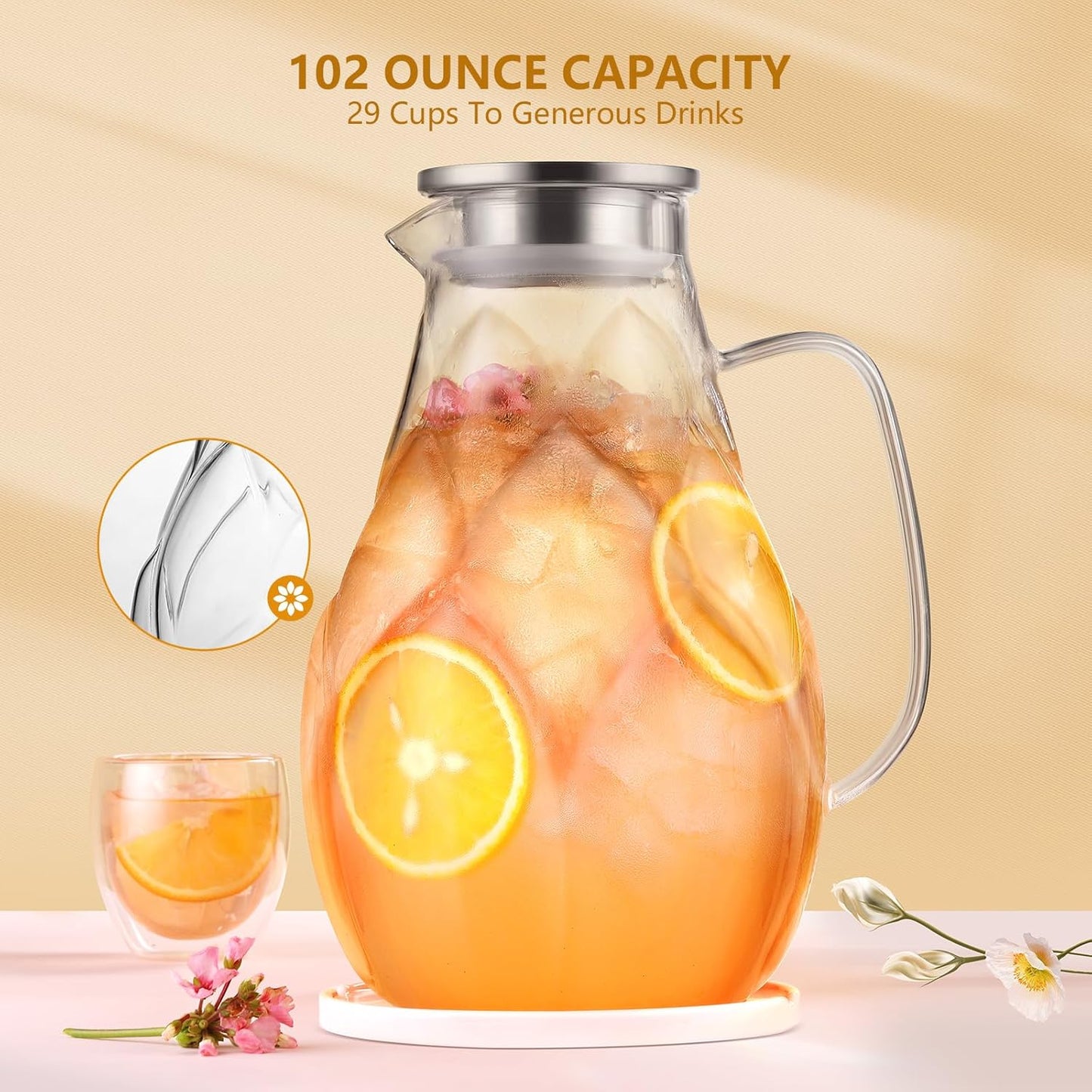 Glass Pitcher With Lid, 102oz Unique Petal Design, Stainless Steel Large Iced Tea Pitcher, Easy To Clean Lightweight Borosilicate Glass For Cold And Hot Beverages