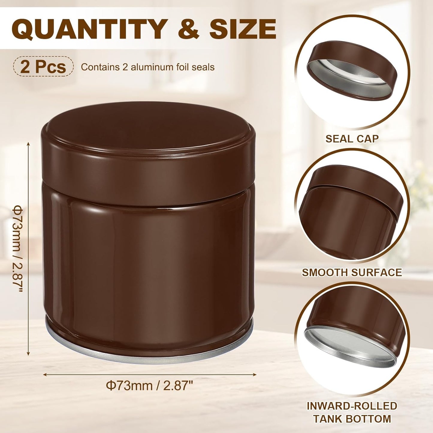 uxcell 2Pcs Round Tea Canisters, 3" x 3" Airtight Metal Tea Containers for Loose Tea, Coffee Beans, Spices - Durable, Compact, and Stylish Storage Tea Tin (Brown)
