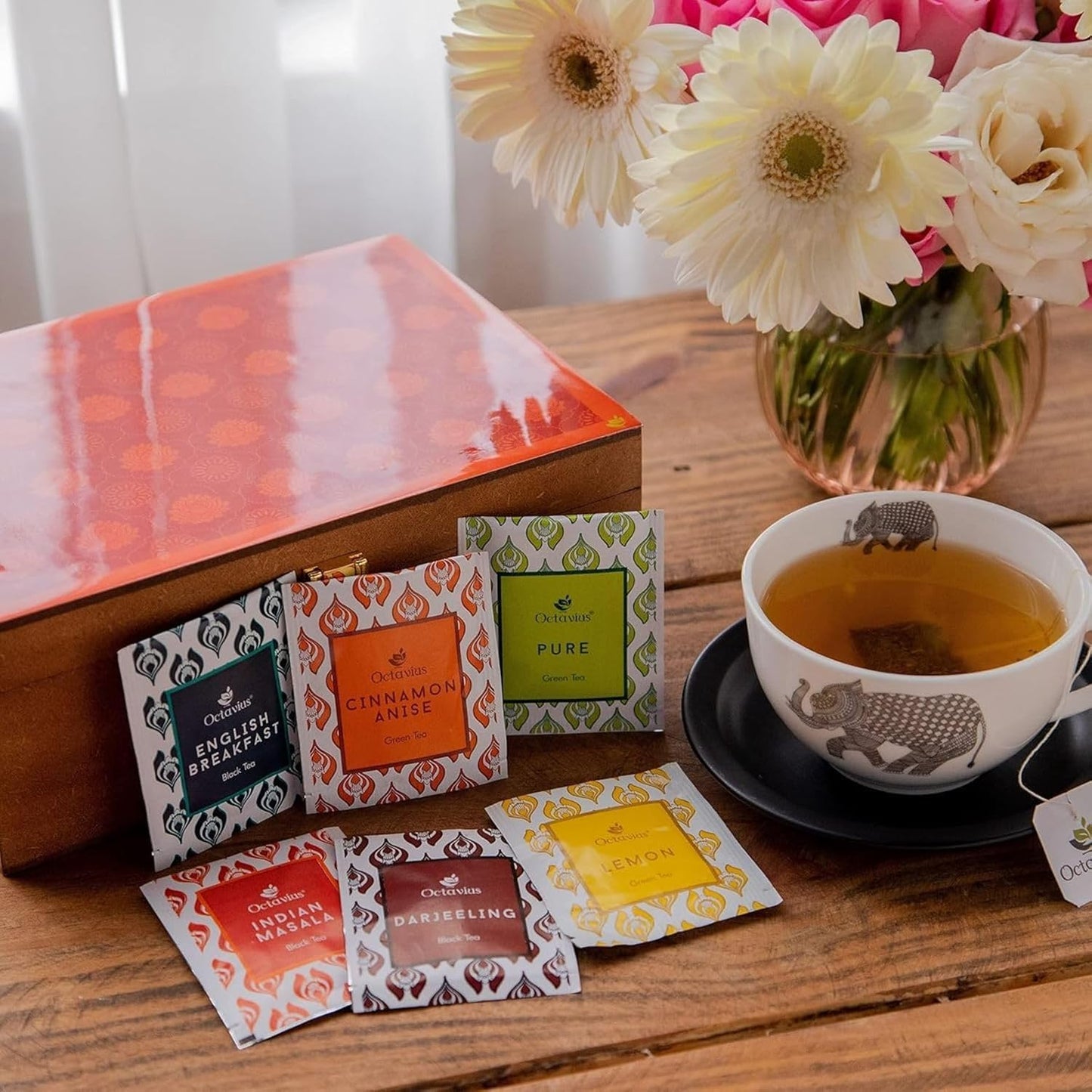 Octavius Gift's Select - Assorted Tea in Lotus Printed Wooden Box | 6 Flavors, 90 Tea Bags | Black & Green Tea | Tea Gifts for Women & Men | Tea Variety Pack | Mothers Day Tea Gift Box