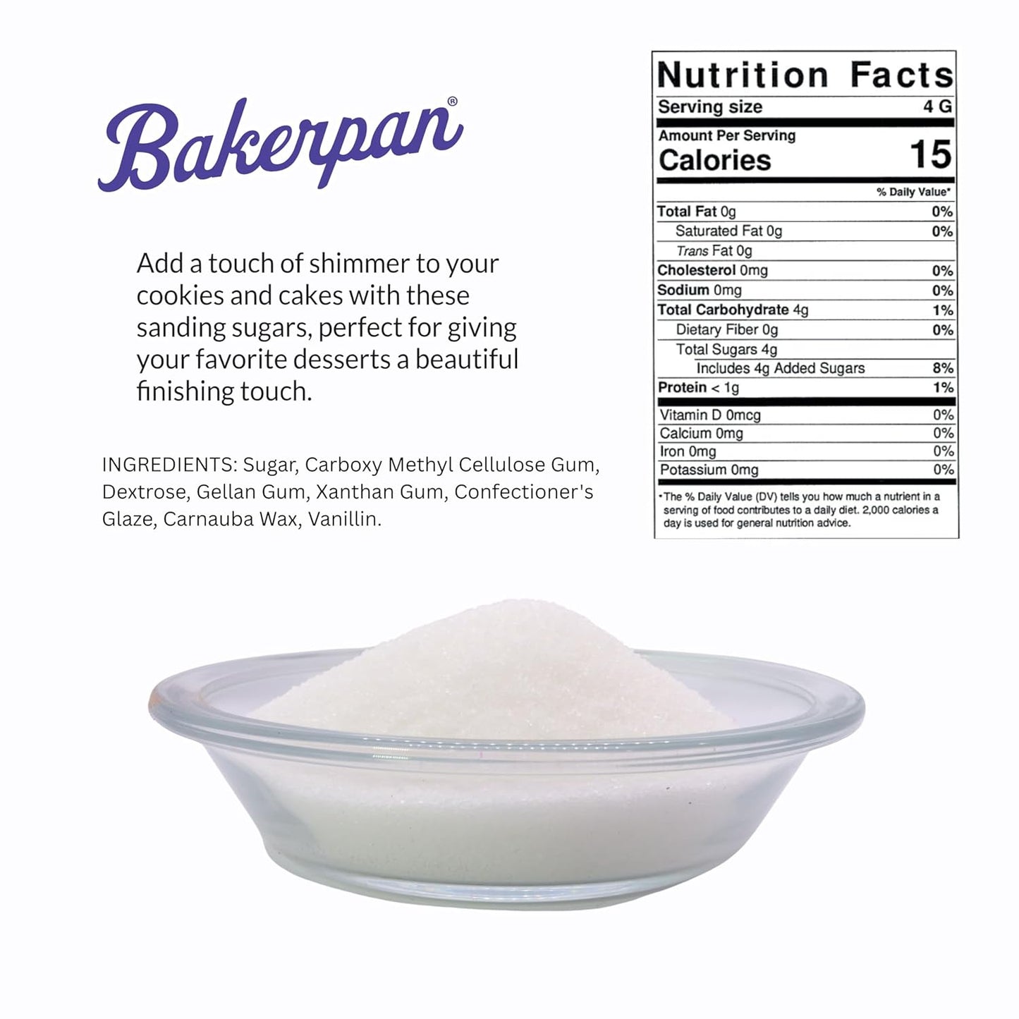 Bakerpan White Sanding Sugar for Baking & Cookie Decorating - 5 Ounce Edible White Sugar Sprinkles for Cookies, Cakes, Cocktails (Made In USA)