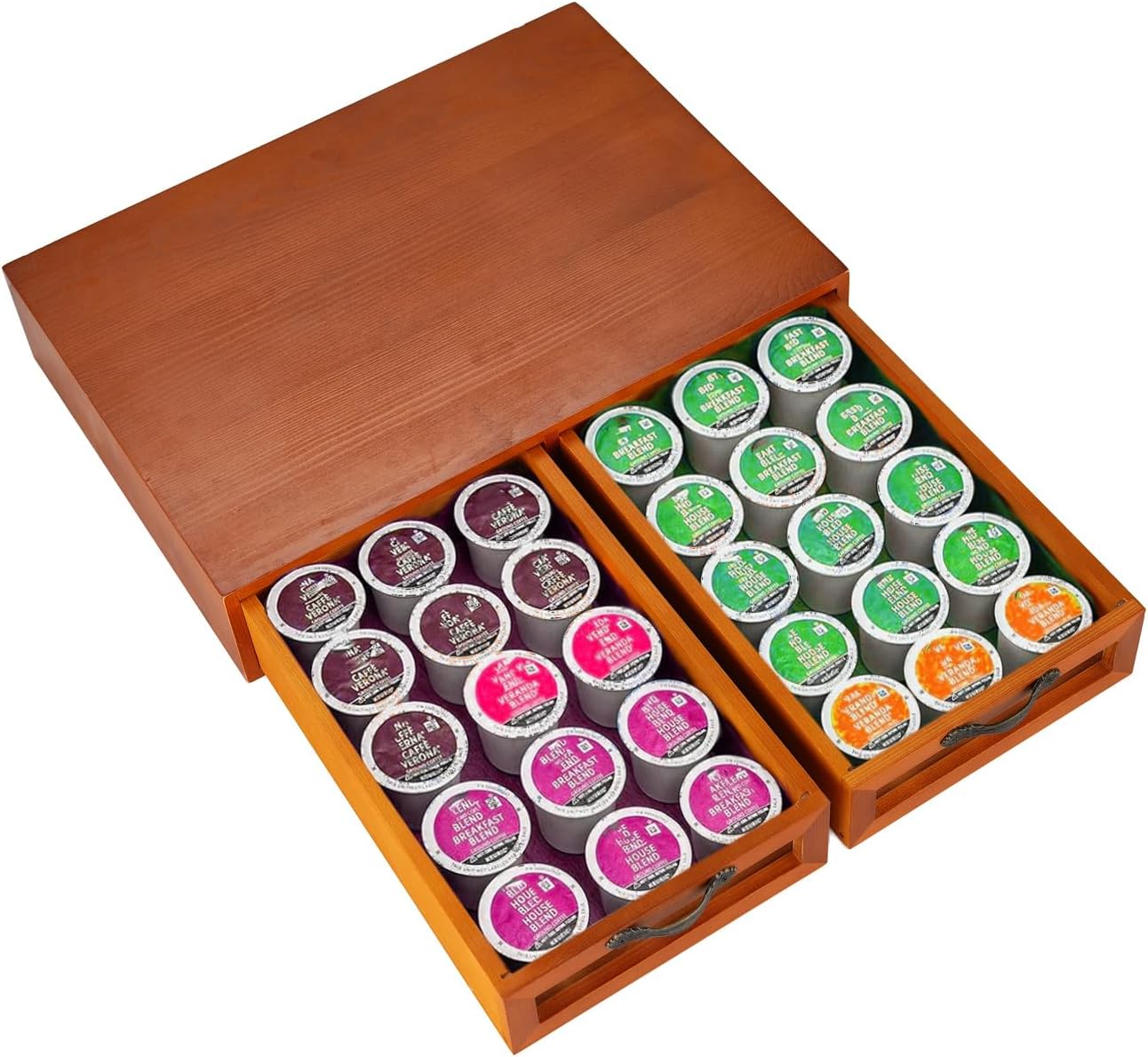 Wooden K-Cup Organizer - Coffee Pod Storage Box, 15.6 * 11.7 * 3.1 in, Compatible for Keuring Pod Holder, 30-50 Pod Capacity, No Assembly Required, Tea Bag Organizer Counter, Coffee Stand with Drawer