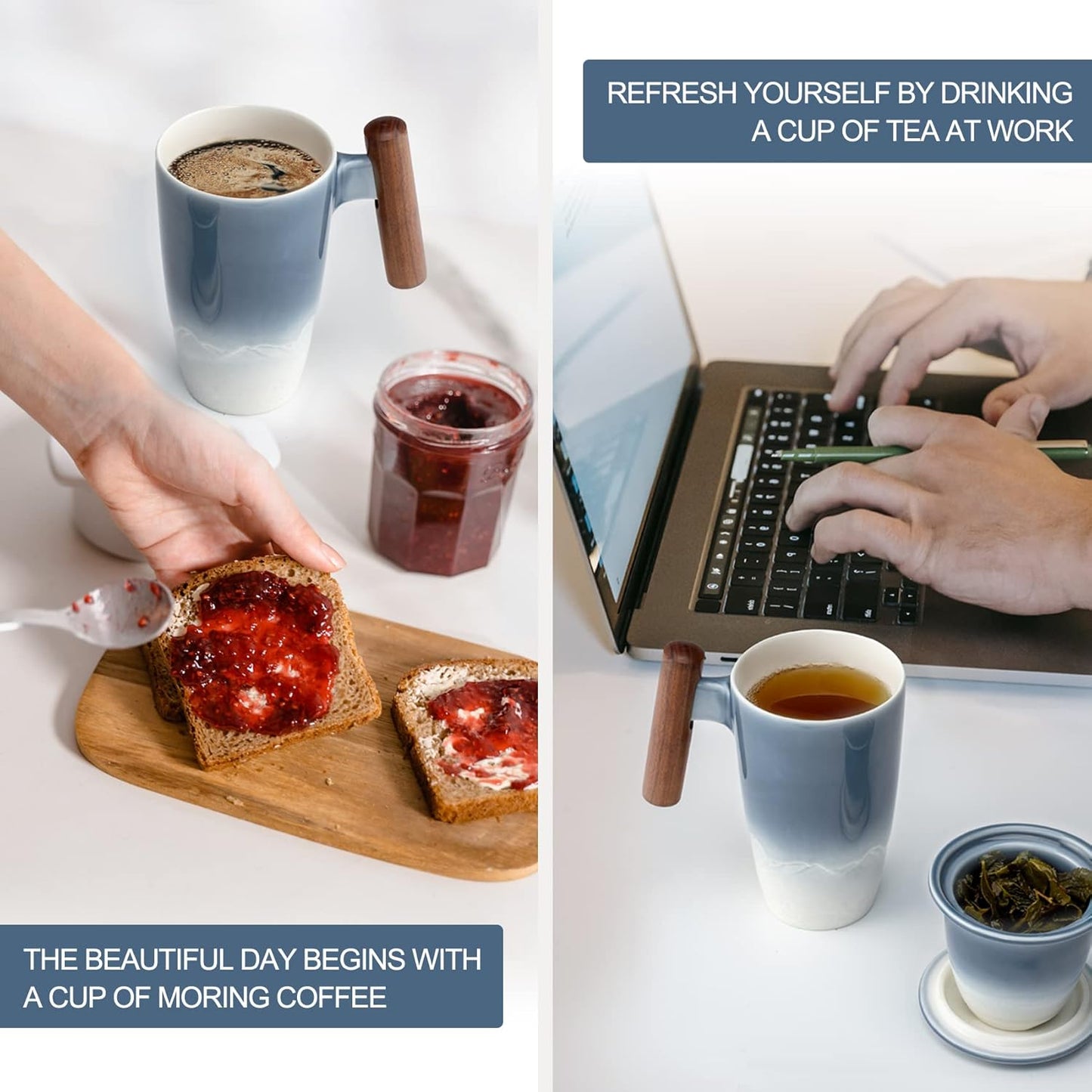 suyika Tomotime Tea Cup with Infuser and Lid 400ml Ceramic Tea Mugs Smooth Inner Wall Wooden Handle 13.5 oz,Blue