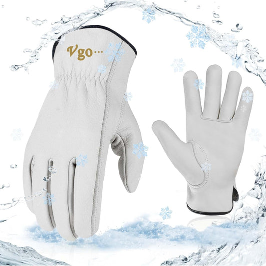Vgo... Lined Winter Cow Grain Leather Gloves, 32℉ or Above (1 Pair,Size L, Cream, CA9501F)