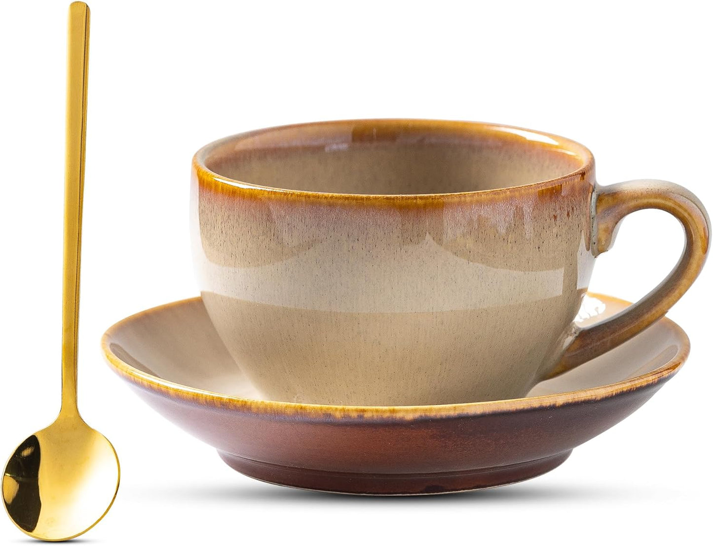 Porcelain Coffee Cup with Saucer Spoon, Vintage Design Ceramic Latte Art Cappuccino Barista Espresso Tea Cup with Saucer (11.6 oz, 350ml, Honey Pomelo Yellow)