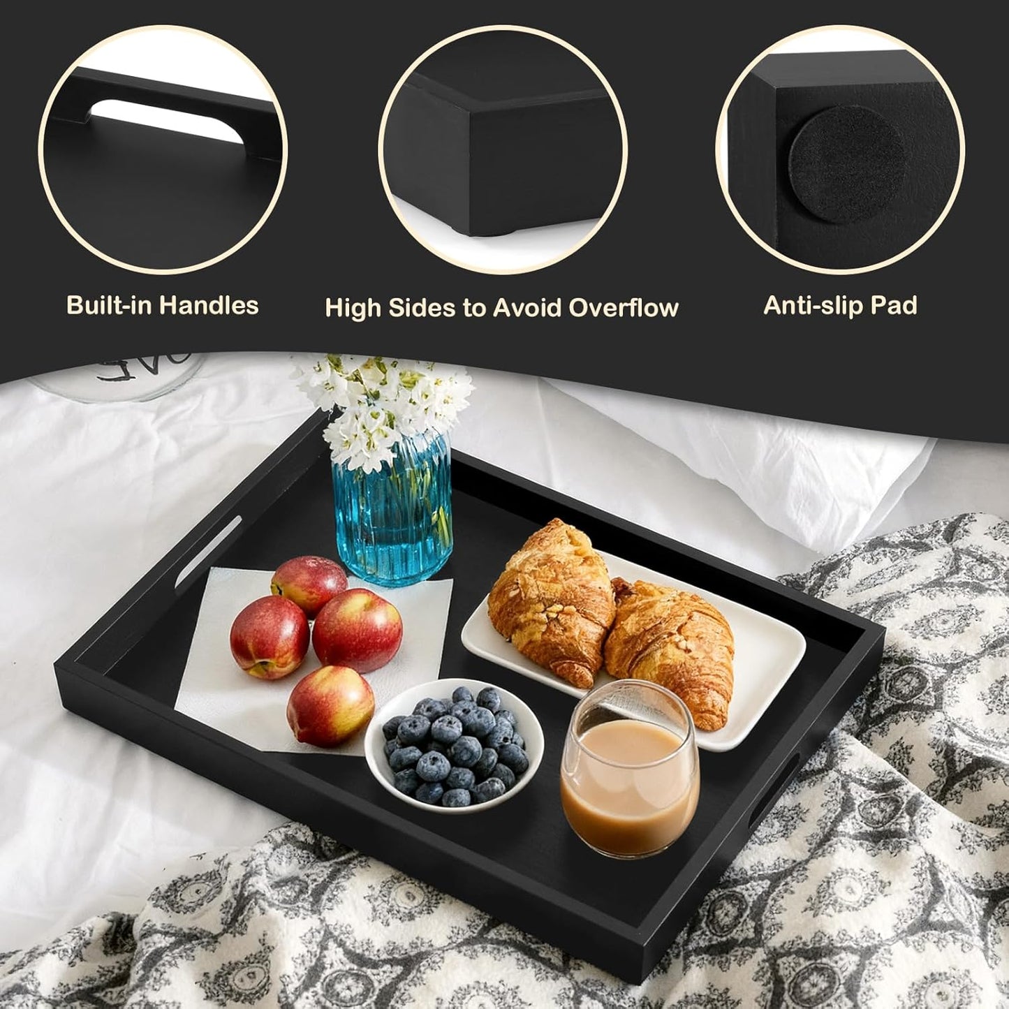 17 Inch Black Wood Serving Tray with Handles, Large Wooden Tray for Ottoman, Breakfast in Bed, Coffee Table, Dinner, Perfect for Living Room Bedroom Entryway and Kitchen