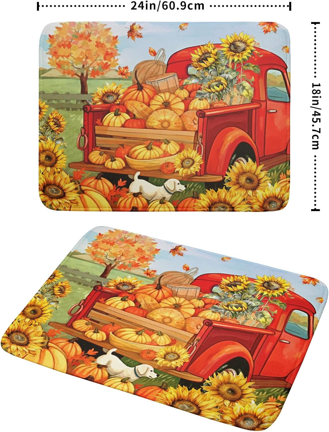 Autumn Pumpkin Red Truck Dish Drying Mat for Kitchen Counter,Fall Leaves Sunflower Cue Dog Harvest Drying Mat 18 x 24 Inch Microfiber Dish Drying Pad Dish Rack Drainer Mat for Coffee Bar