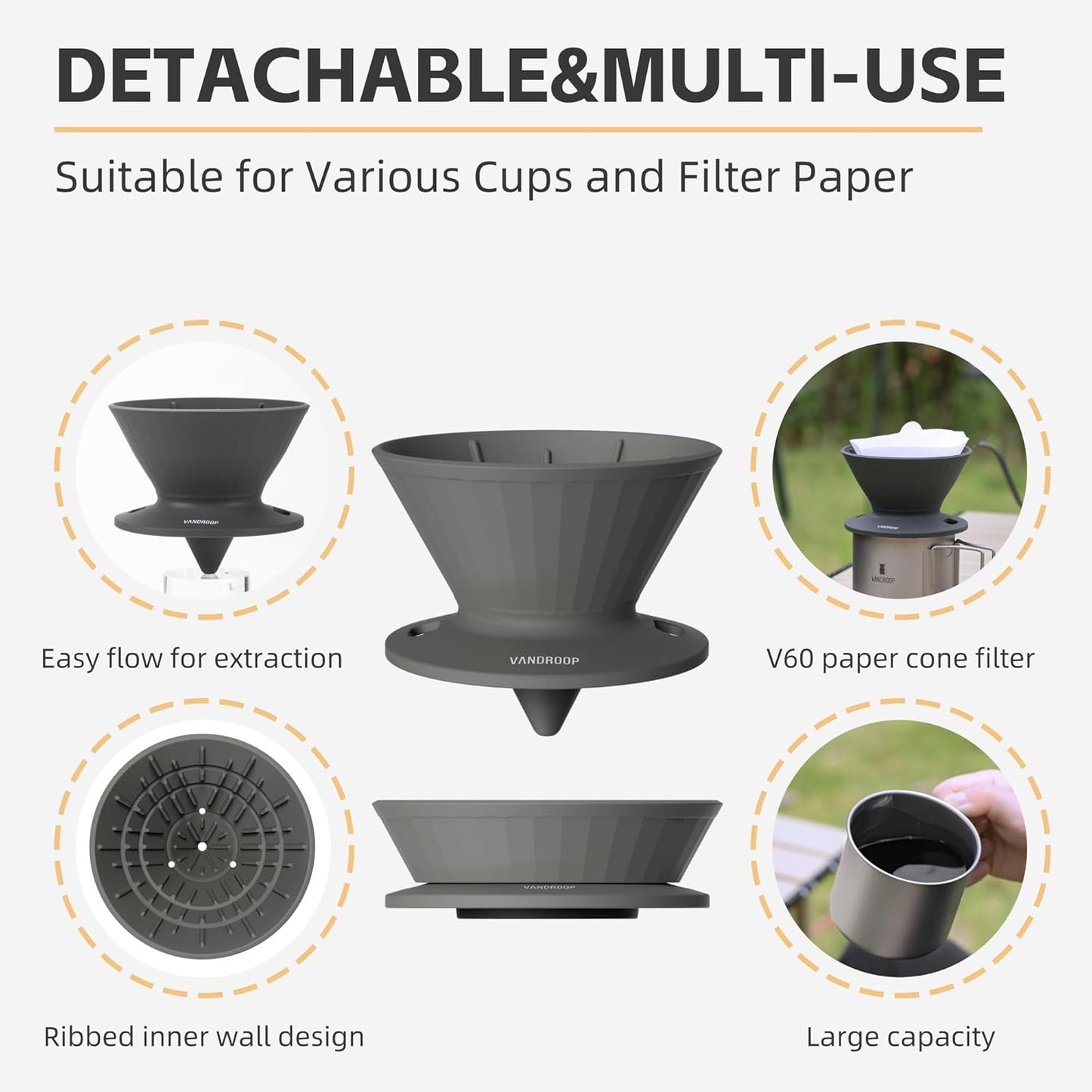 Collapsible Pour Over Coffee Dripper, Reusable Silicone Pour Over Coffee Maker for Camping, Travel&Home, Portable Single Clever Coffee Dripper with 10 V60 Filter Papers #02(Grey, 2-3 Cup)