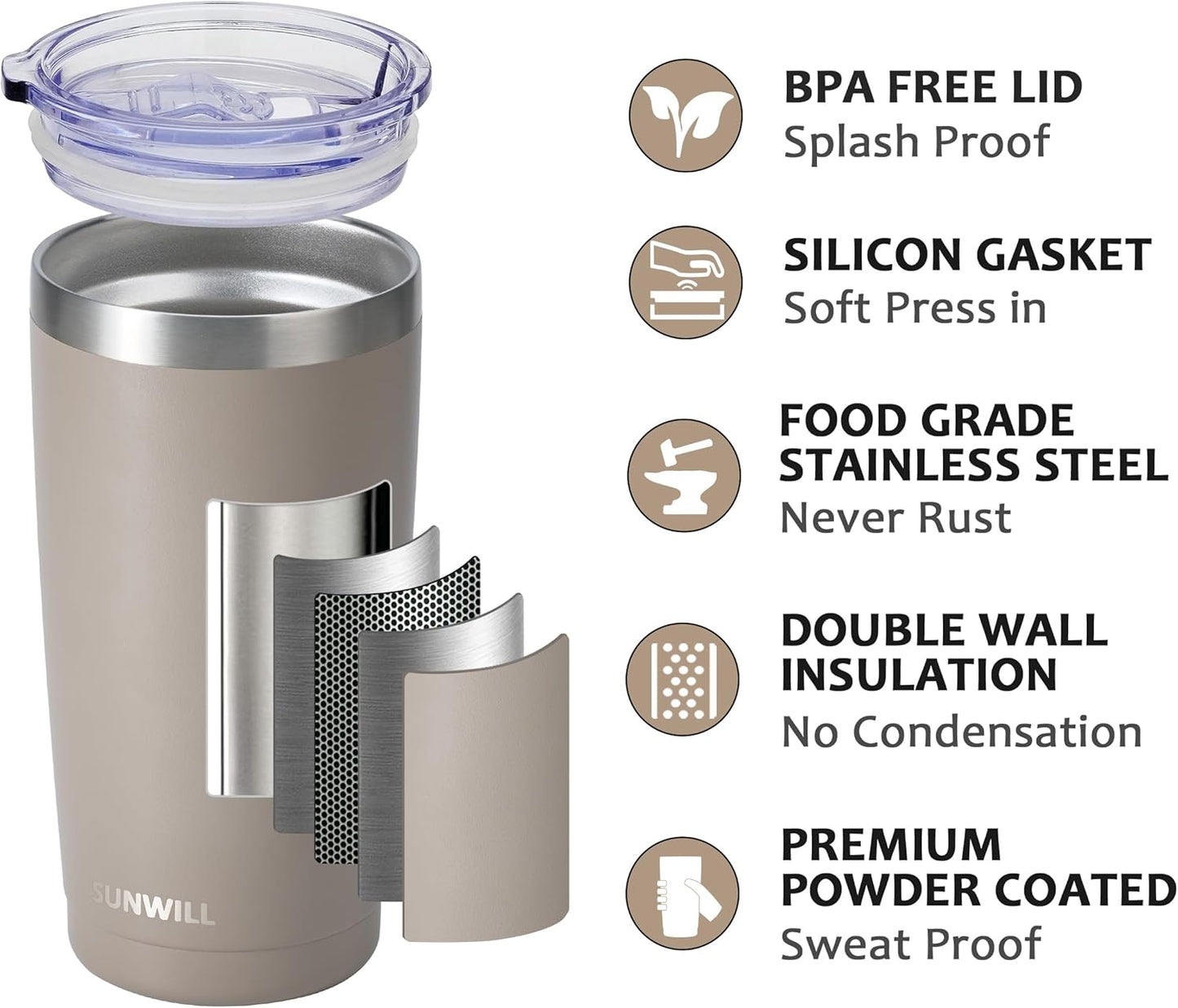 SUNWILL Travel Coffee Tumbler 20 oz, Insulated Mug with Lid, Stainless Steel Cup for Outdoor, Powder Coated Taupe