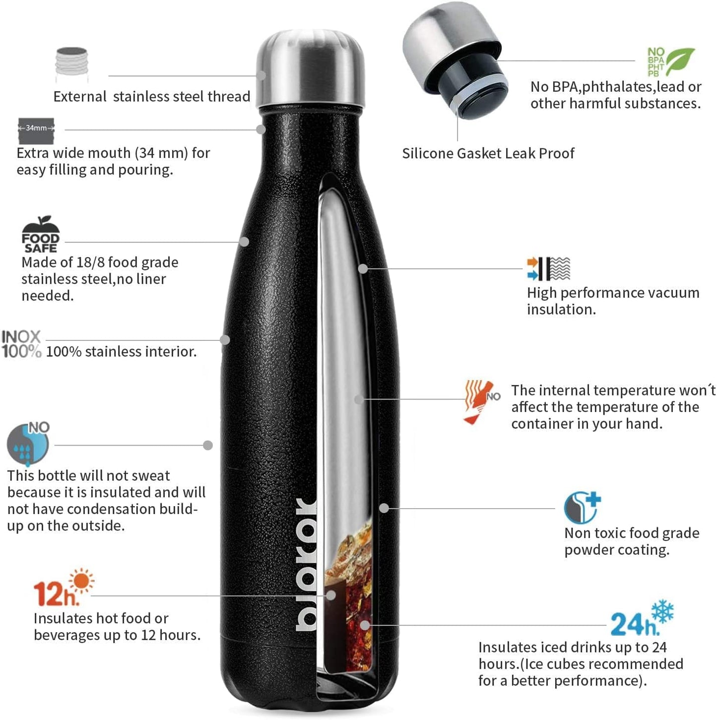 BJPKPK Insulated Water Bottles 17oz, Leak Proof Stainless Steel Water Bottle Keeps Cold for 24 Hours and Hot for 12 Hours, BPA Free,Black