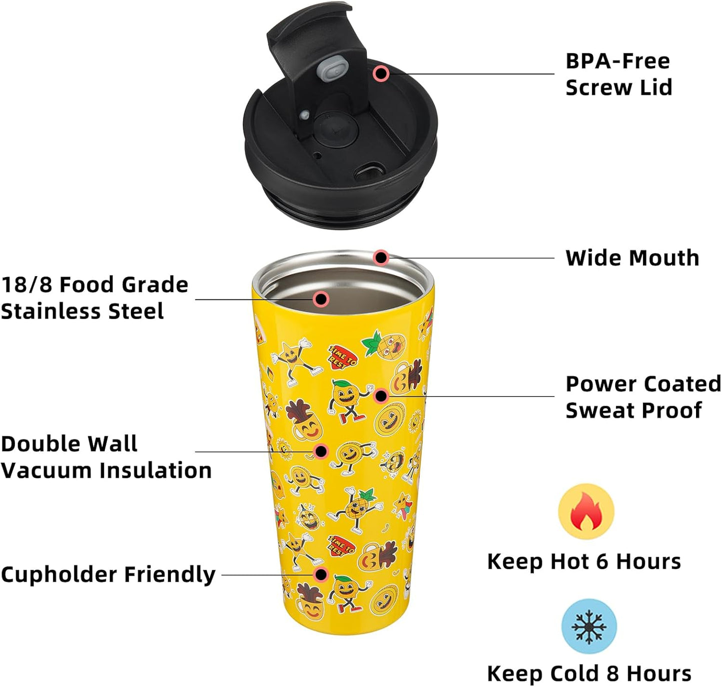 BJPKPK 22oz Insulated Tumbler With lid And Straw Stainless Steel Tumblers Travel Coffee Mug Reusable Thermal Cup,Hawaii Fruits Yellow