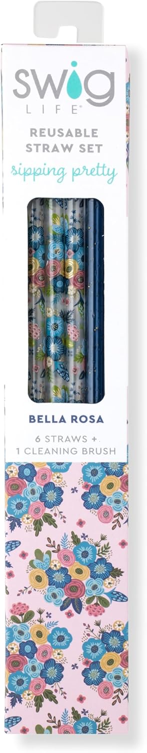 Swig Life Reusable Straws Bella Rosa + Navy Glitter Tall Straw Set & Cleaning Brush, Each Straw is 10.25 inch Long (Fits Swig Life 20oz Tumblers, 22oz, and 32oz Tumblers)