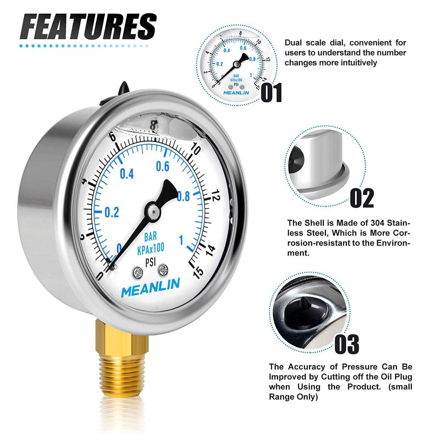 MEANLIN MEASURE 0~15Psi Stainless Steel 1/4" NPT 2.5" FACE DIAL Liquid Filled Pressure Gauge WOG Water Oil Lower Mount, with 1/4" x 1/2" NPT and 1/4" x 3/8" NPT Hex Bushing