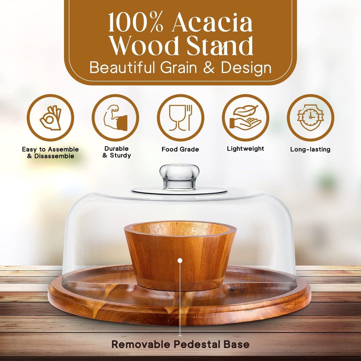 Homeries Acacia Wood Cake Stand with Lid, Cake Plate, (6 in 1) Multi-Functional Serving Platter, Large Cake Stand with Dome, Cake display stand with lid & Cake Dome - Use as Cake Holder, Cake Cover