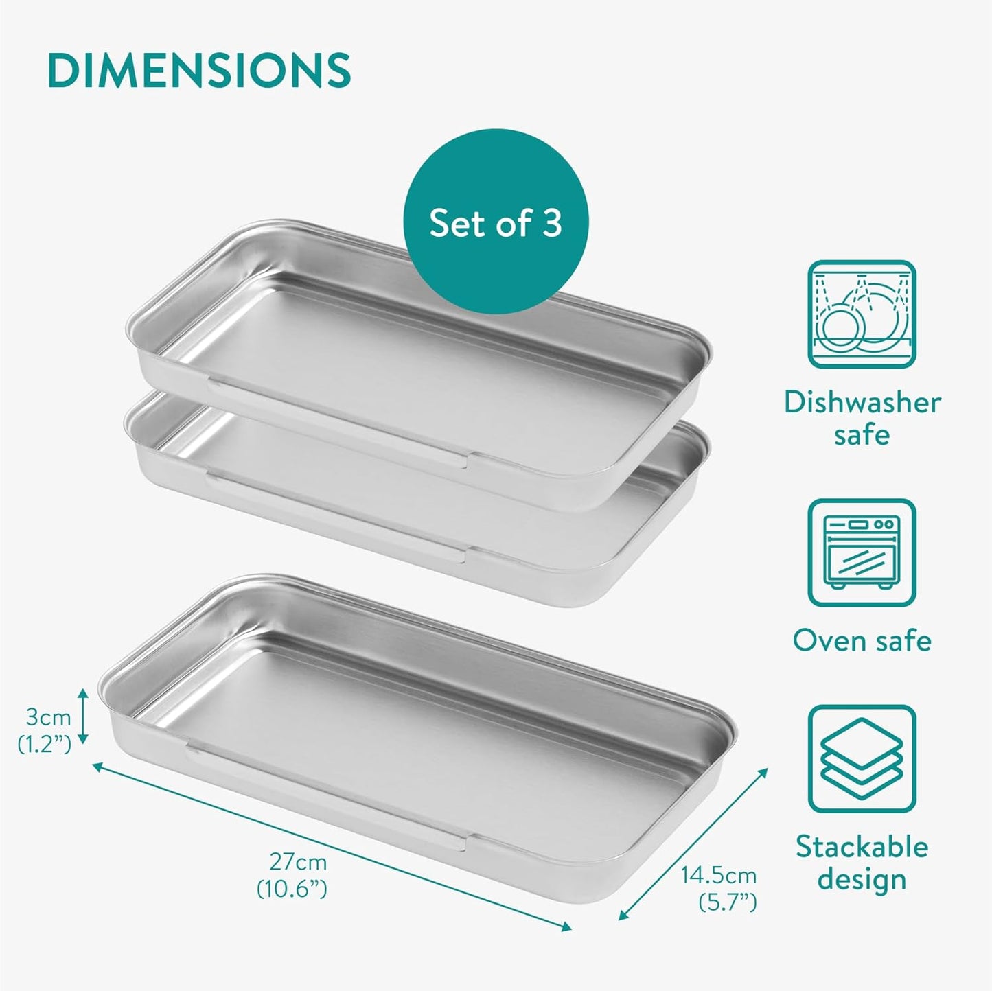 Navaris Stainless Steel Breading Trays, Set of 3 - Interlocking & Stackable Tray Design - 27x15cm Baking and Cooking Sheets - Oven and Dishwasher Ready for Versatile Kitchen Use