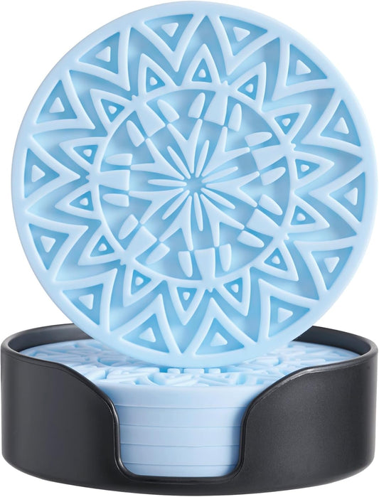 Set of 6 Baby Blue Silicone Coasters with Holder, Drink Coasters with Tribal Pattern Shape- for Table Protection, Anti Slip, Nonstick, Heat Resistant, Deep Tray