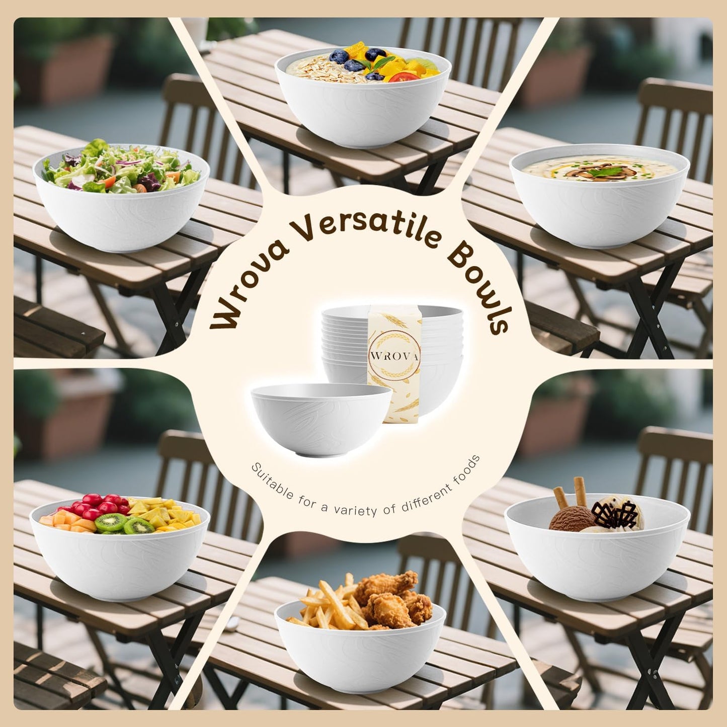 White Wheat Straw Bowls for Cereal and Salad,Alternative Plastic Bowls Set of 6,40oz Unbreakable Soup Bowls suitable for Kitchen,Party,Camping and R.V.