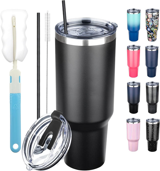 40 oz Tumbler with Lids and Straws, Stainless Steel Insulated Coffee Tumbler, Double Wall Vacuum Insulated Travel Mug Cup, Leakproof Thermal Coffee Cup for Hot and Cold Drinks (Black)
