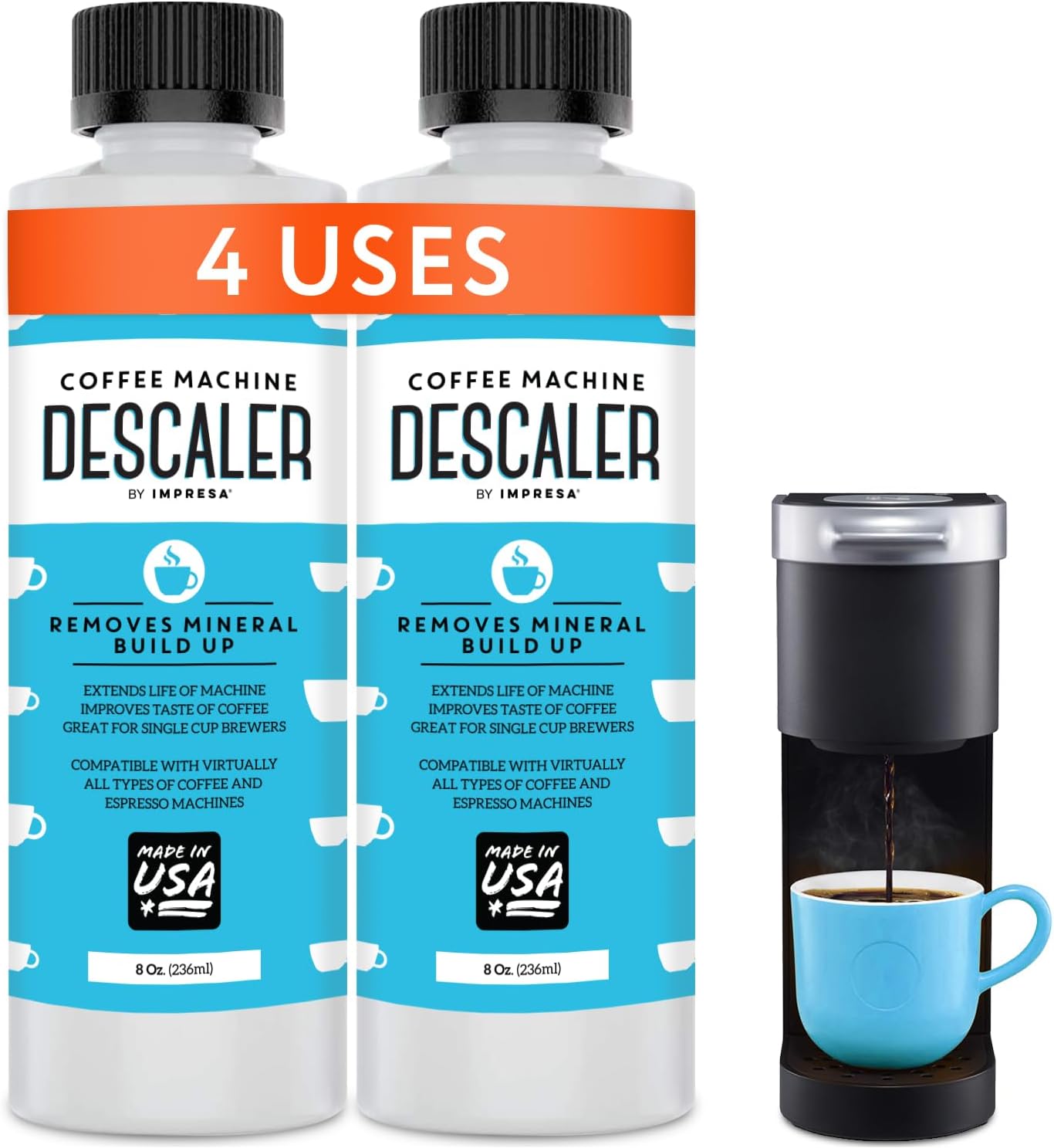 Descaler (2 Pack, 2 Uses Per Bottle) - Made in the USA - Universal Descaling Solution for Keurig, Nespresso, Delonghi and All Single Use Coffee and Espresso Machines