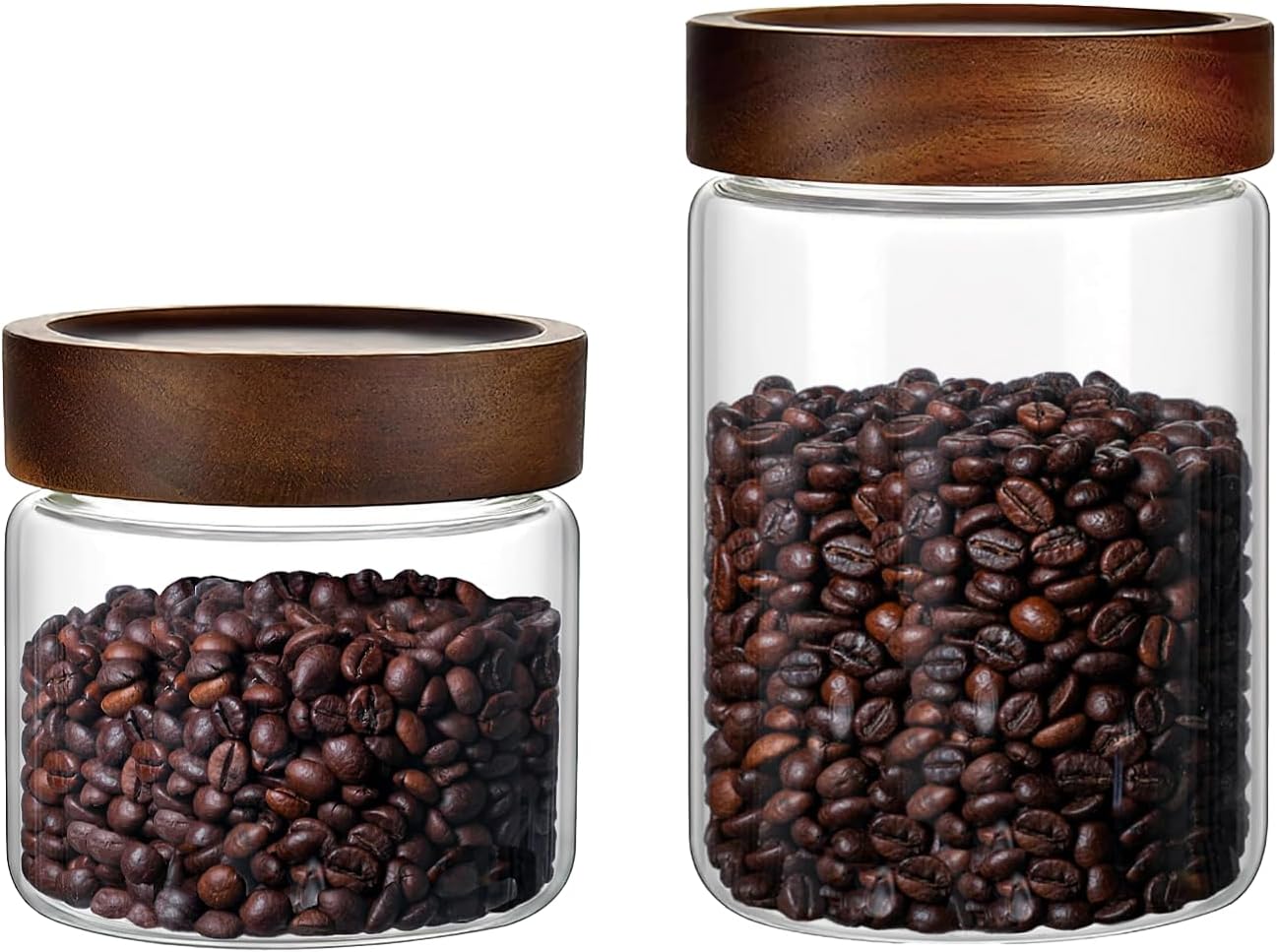Set of 2 Glass Food Storage Jars, Premium Clear Glass Container Jar with Airtight Wooden Screw Lid, Kitchen Canisters for Coffee,Tea,Pasta,Cookies, Nuts,Spice,Candy,Overnight Oatmeal