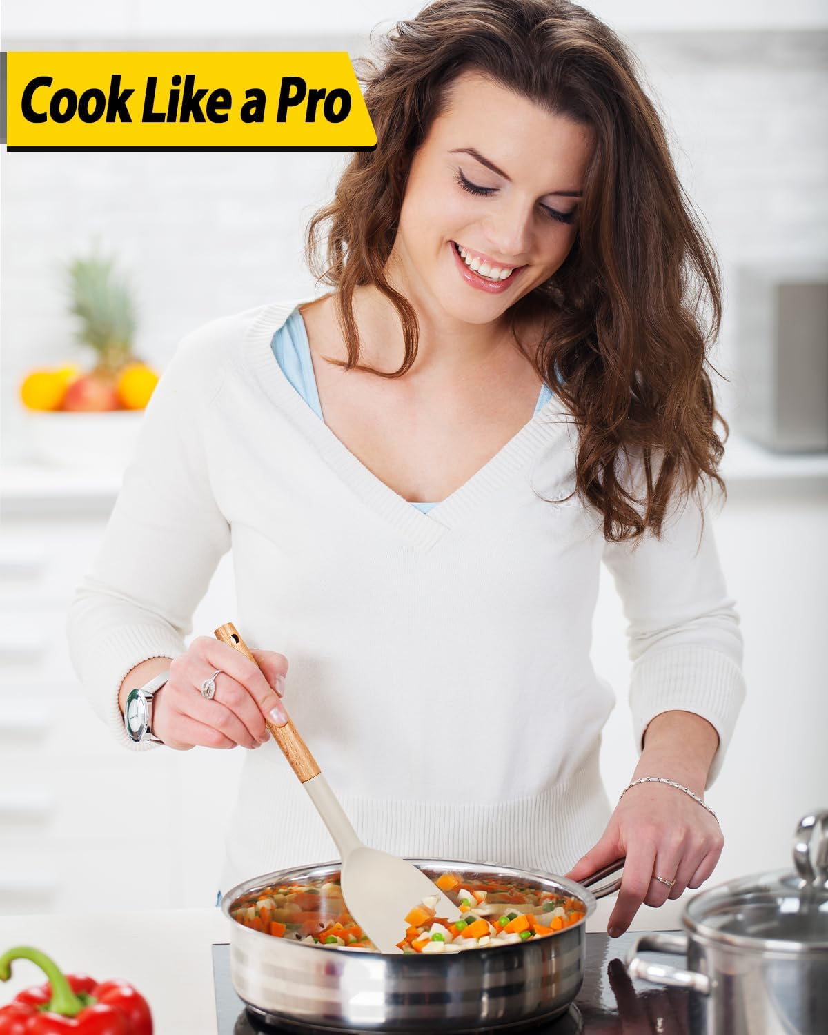 Pack of 4 Silicone Cooking Utensils Set, Non Stick Solid Spatulas and Heat Resistant Slotted Spoons with Wooden Handle, Ideal Wood Kitchen Utensils Set for Frying,Serving,Turning,Stirring (KHAKI)