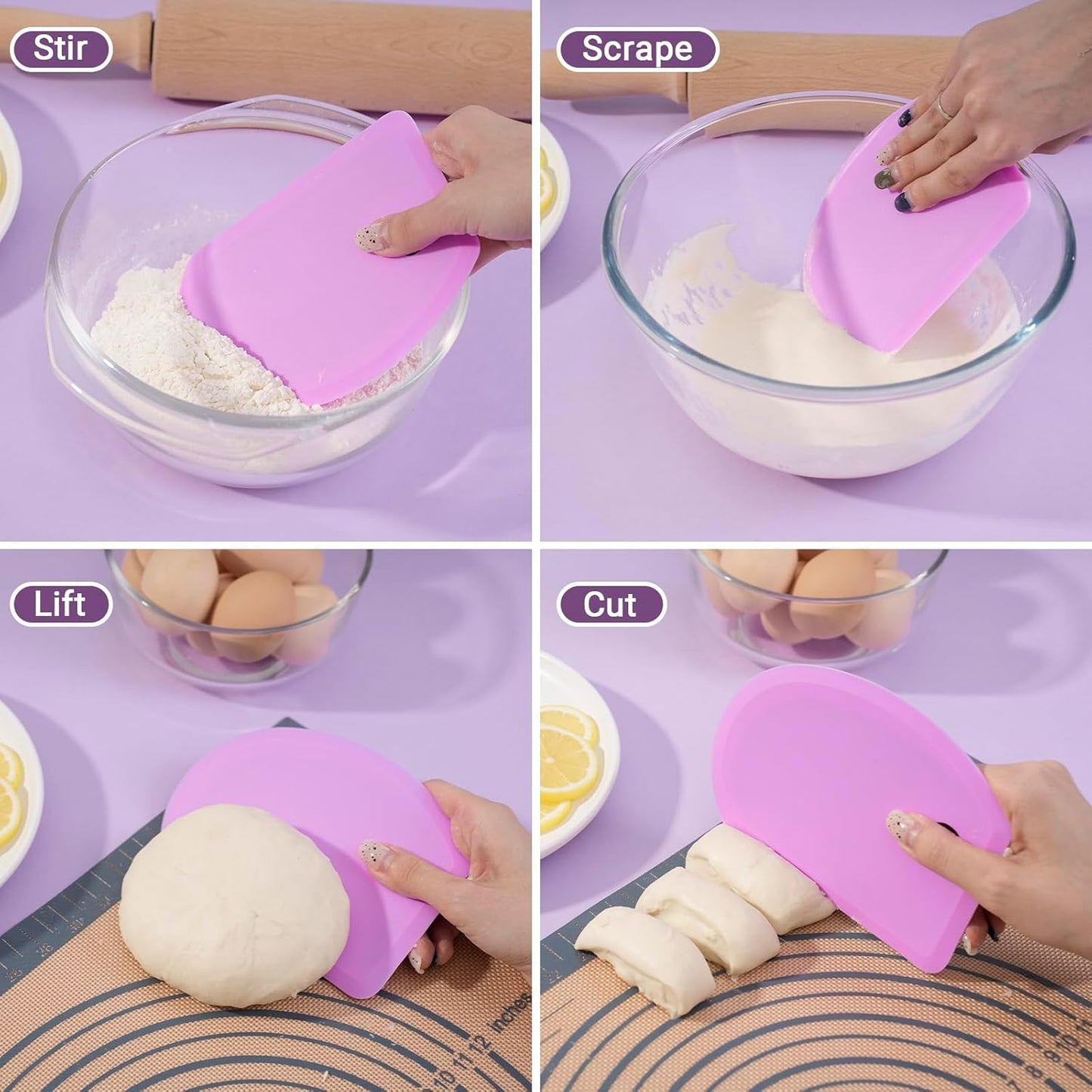 Sapid Silicone Bowl Scraper Flexible Curved Edge (5.98"×4.3"), Food Grade Bench Dough Scraper for Baking Sourdough Bread, Cake, Fondant Icing, Heat- Resistance Kitchen Dish Pan Scrapers (1, Purple)