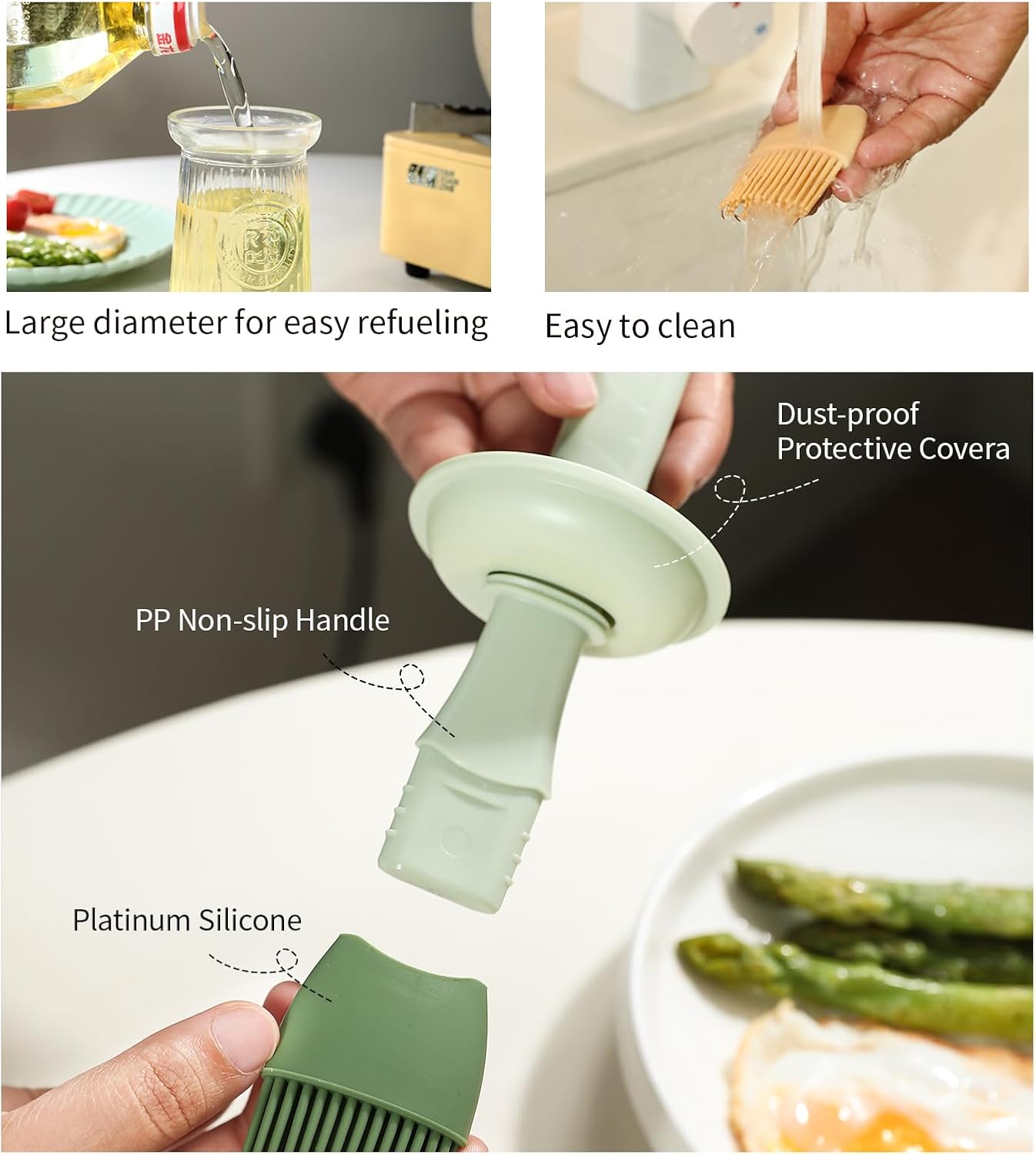 Oil Dispenser with Brush - Glass Olive Oil Dispenser for Kitchen, 3 IN 1 Oil Dispenser Bottle with Silicone Basting Brush for Cooking Vinegar Sauce BBQ Grill Frying (Green/White)