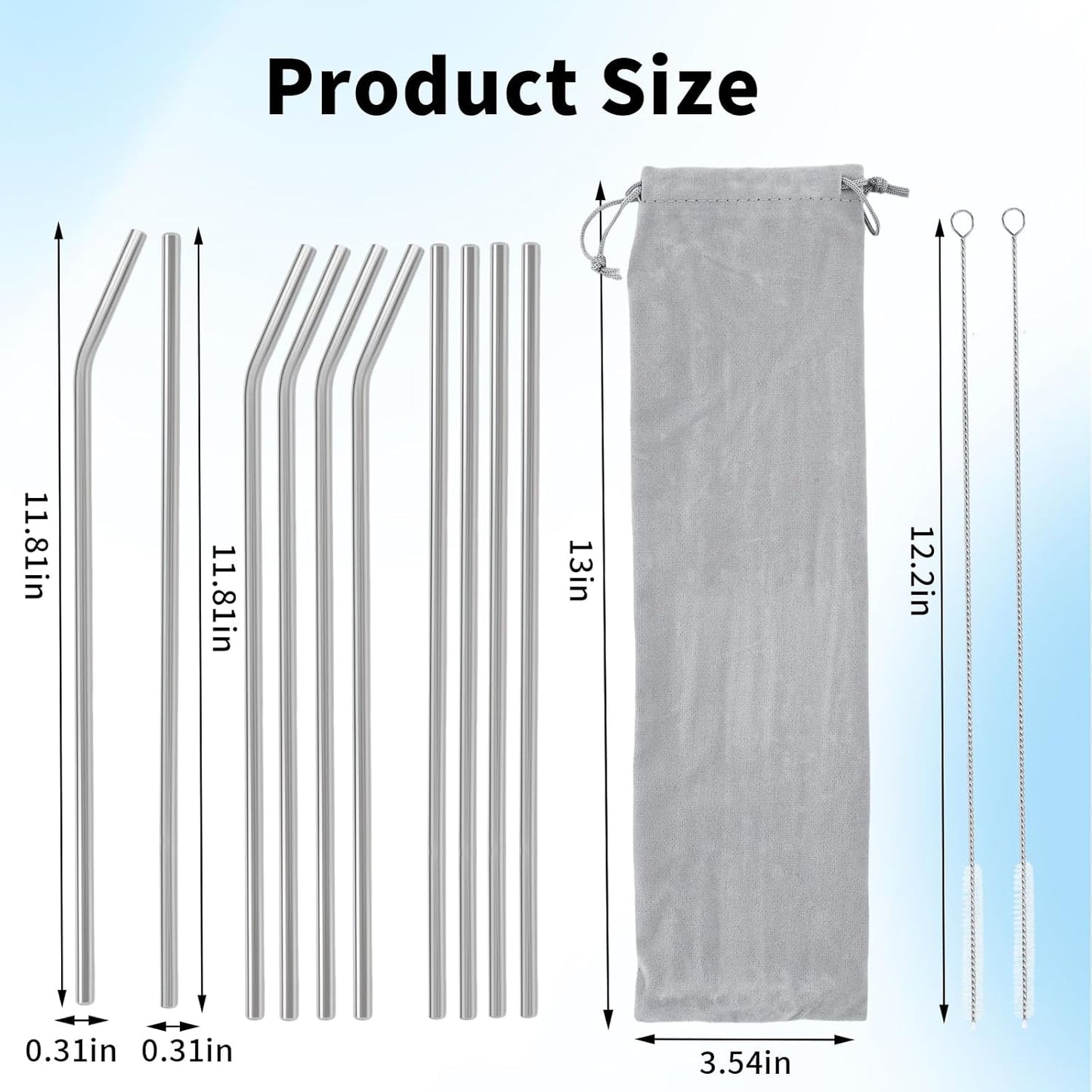 10 Pcs Stainless Steel Straw, Long Metal Straws for 40 Oz Tumbler Comes with Two Cleaning Brushes and A Bag, Reusable Drinking Accessories, Easy to Clean