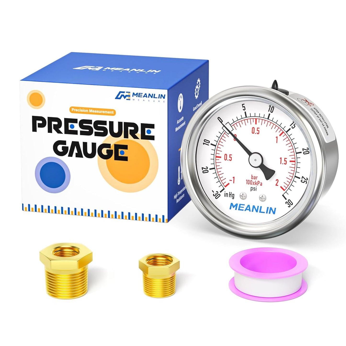 MEANLIN MEASURE -30inHG~30Psi Vacuum Gauge Stainless Steel 1/4" NPT 2" FACE DIAL Waterproof for Air Compressor HVAC Negative Pressure Hand Pump Pool Back Mount with 1/2" NPT and 3/8" NPT Hex Bushing