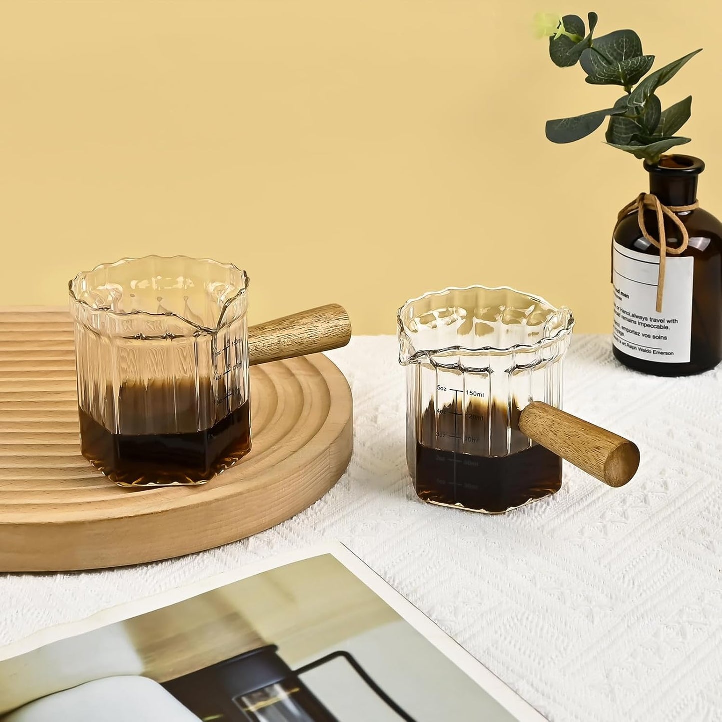 Glass Measuring Cup, 5oz Espresso Shot Glass with Wood Handle, Single Spout Measuring Triple Pitcher Milk Cup for Coffee Tea (Transparent Ribbed)