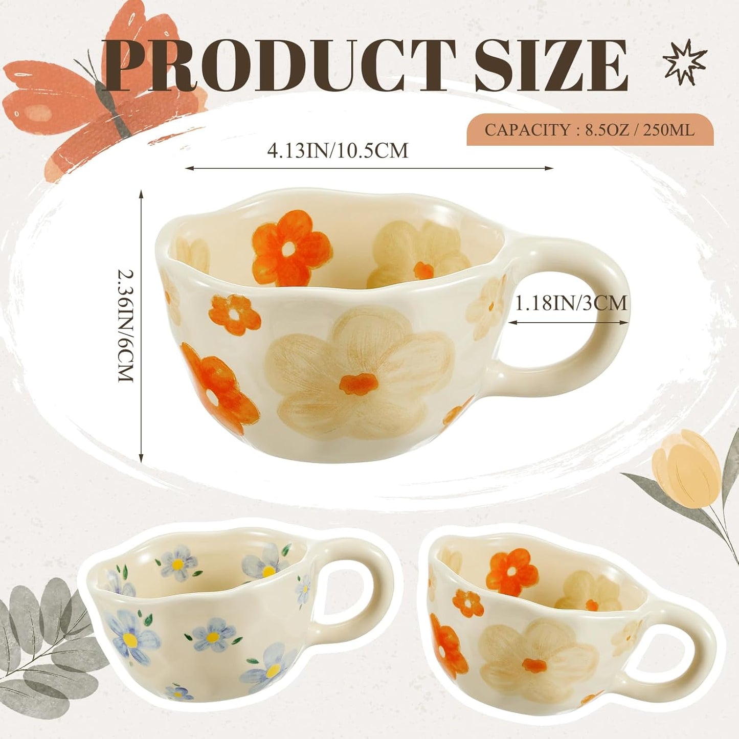 Vesici 2 Pcs Ceramic Coffee Mugs Flower Cups with Spoon Vintage Floral Mugs with Handle 8.5 oz Aesthetic Tea Porcelain Cup Gift for Valentine Office Home, Dishwasher and Microwave Safe(Vivid)
