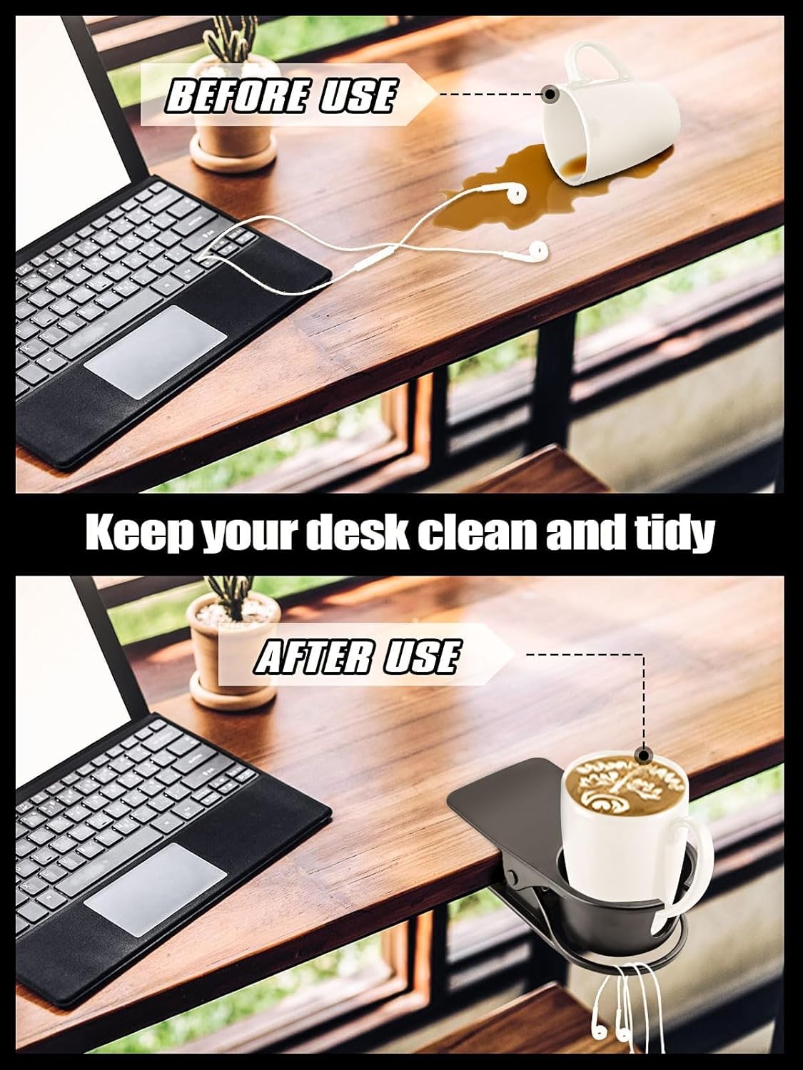 3PCS Drinking Cup Holder Clip Kalolary Chair Desk Bottle Cup Stand DIY Glass Clamp Storage Saucer Clip with Groove for Potted Plant Beverage Coffee Mug Holder Clip for Home & Office (Black)