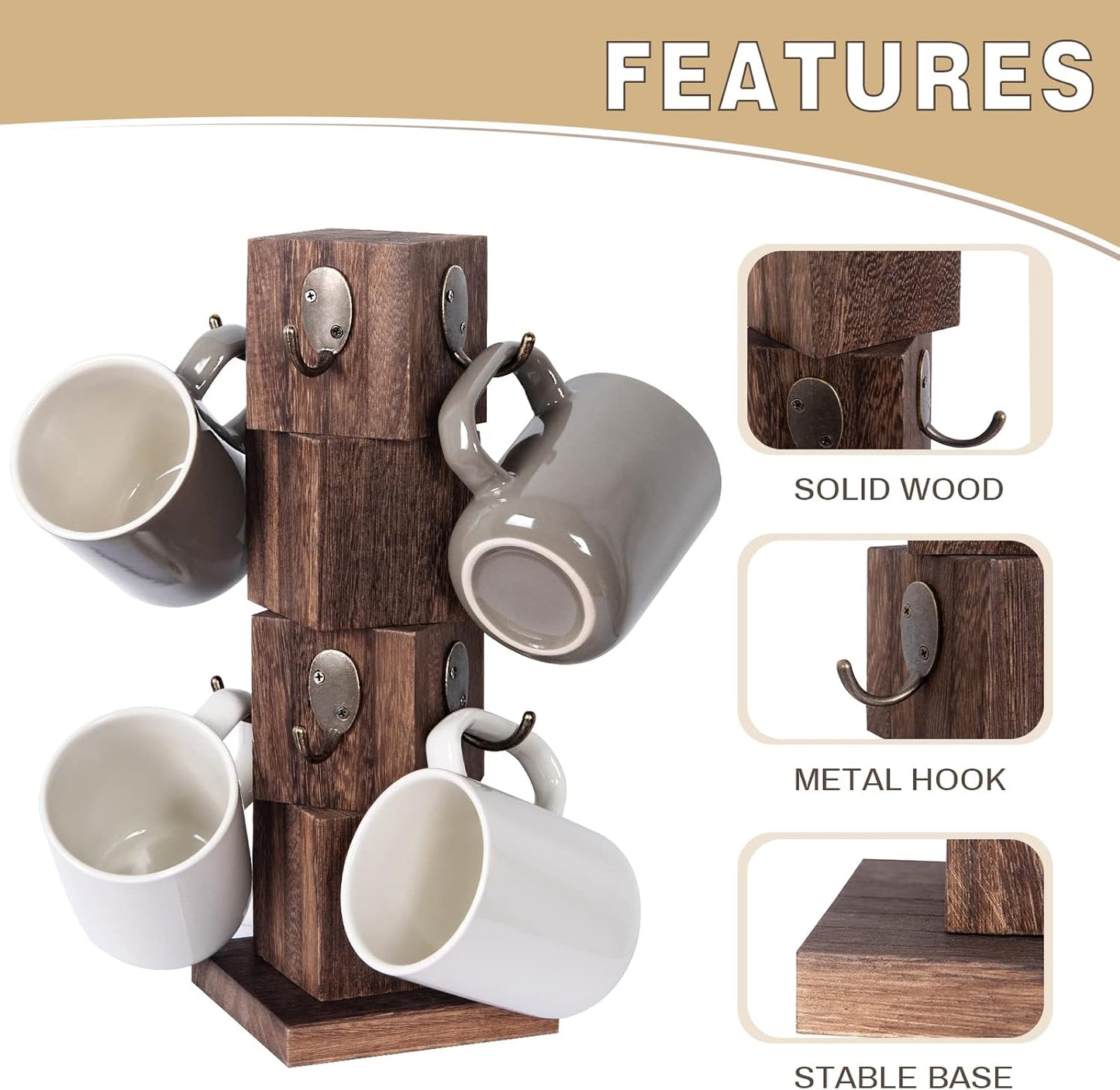 Coffee Mug Holder Tree, Rustic Solid Wood Mug Tree Stand with 8 Hooks, Farmhouse Coffee Cup Holder for Counter, Mug Hanger for Kitchen Organizer, Brown